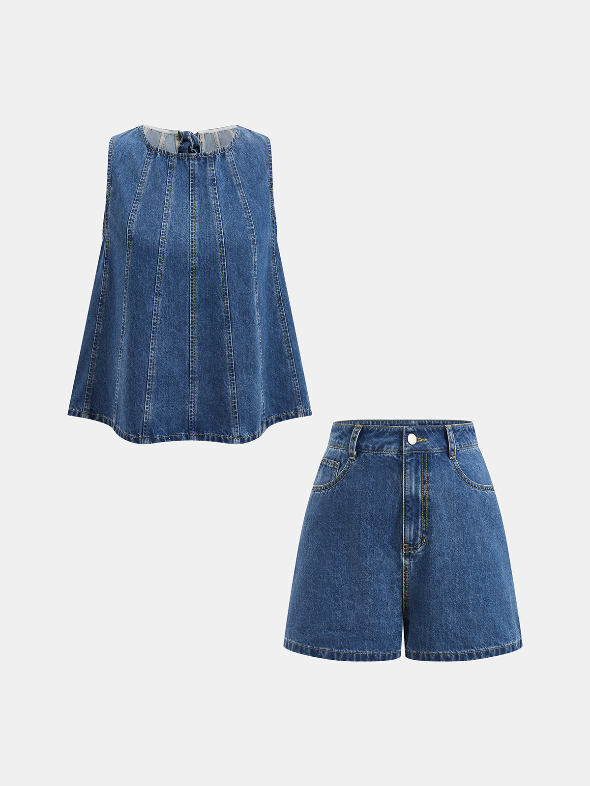 Tie-Back Denim Sleeveless Crop Top & High-Waisted Shorts Set