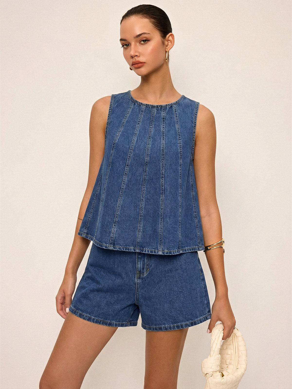 Tie-Back Denim Sleeveless Crop Top & High-Waisted Shorts Set