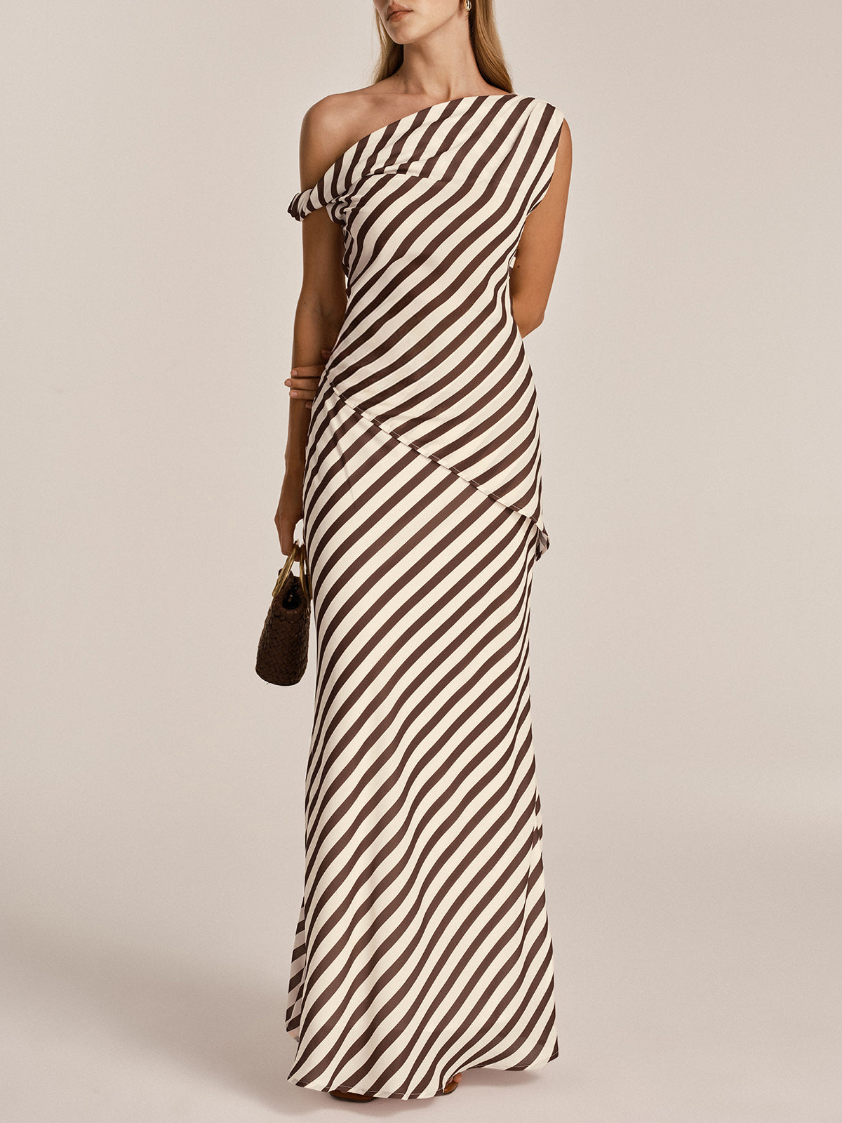 One Shoulder Striped Top & Skirt Set with Belt Detail