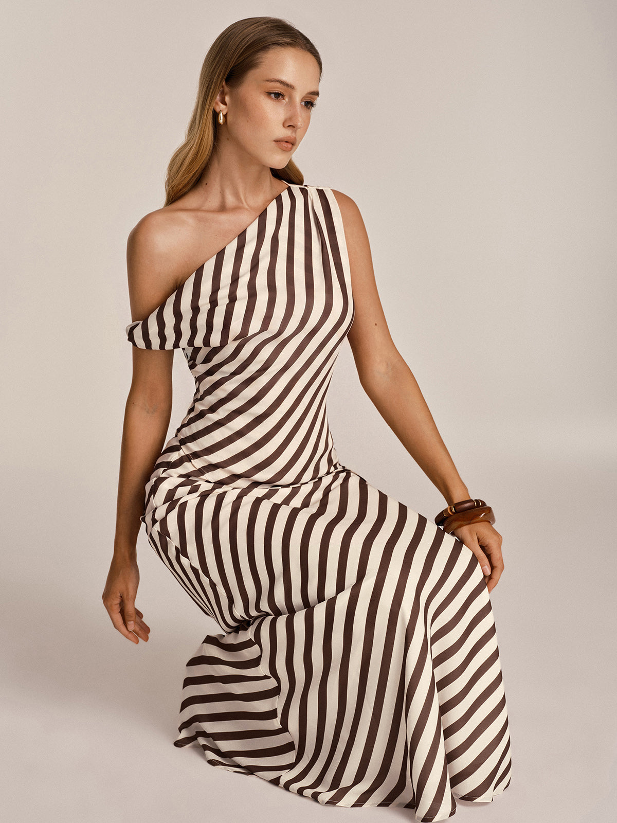 One Shoulder Striped Top & Skirt Set with Belt Detail