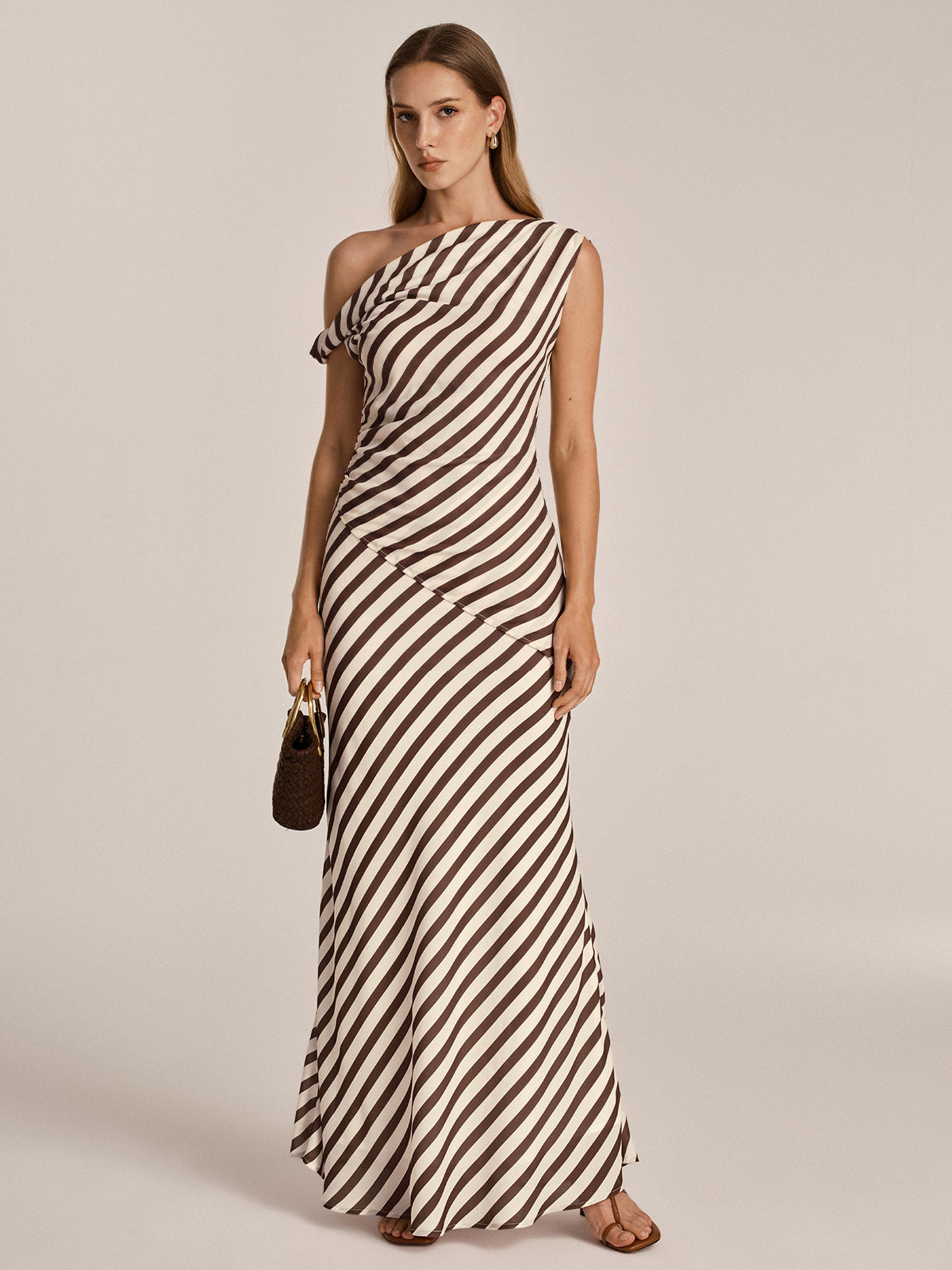One Shoulder Striped Top & Skirt Set with Belt Detail