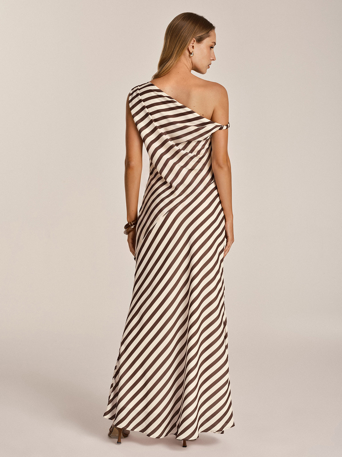 One Shoulder Striped Top & Skirt Set with Belt Detail