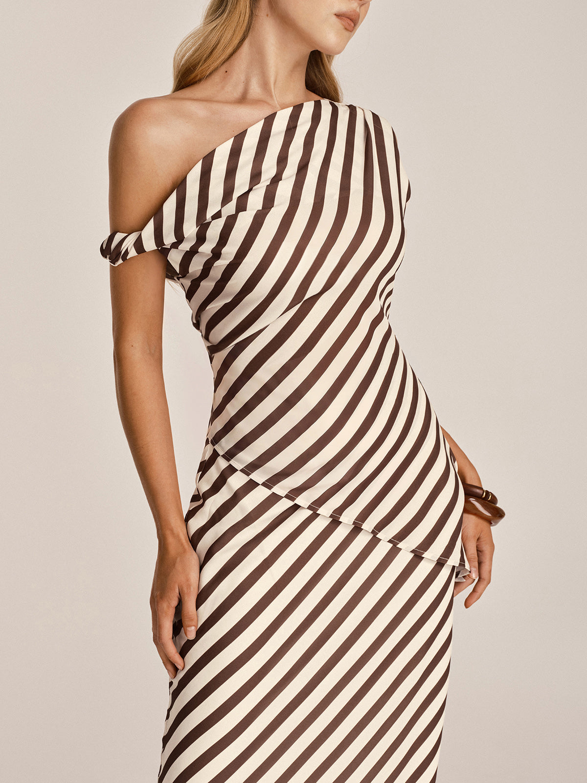 One Shoulder Striped Top & Skirt Set with Belt Detail