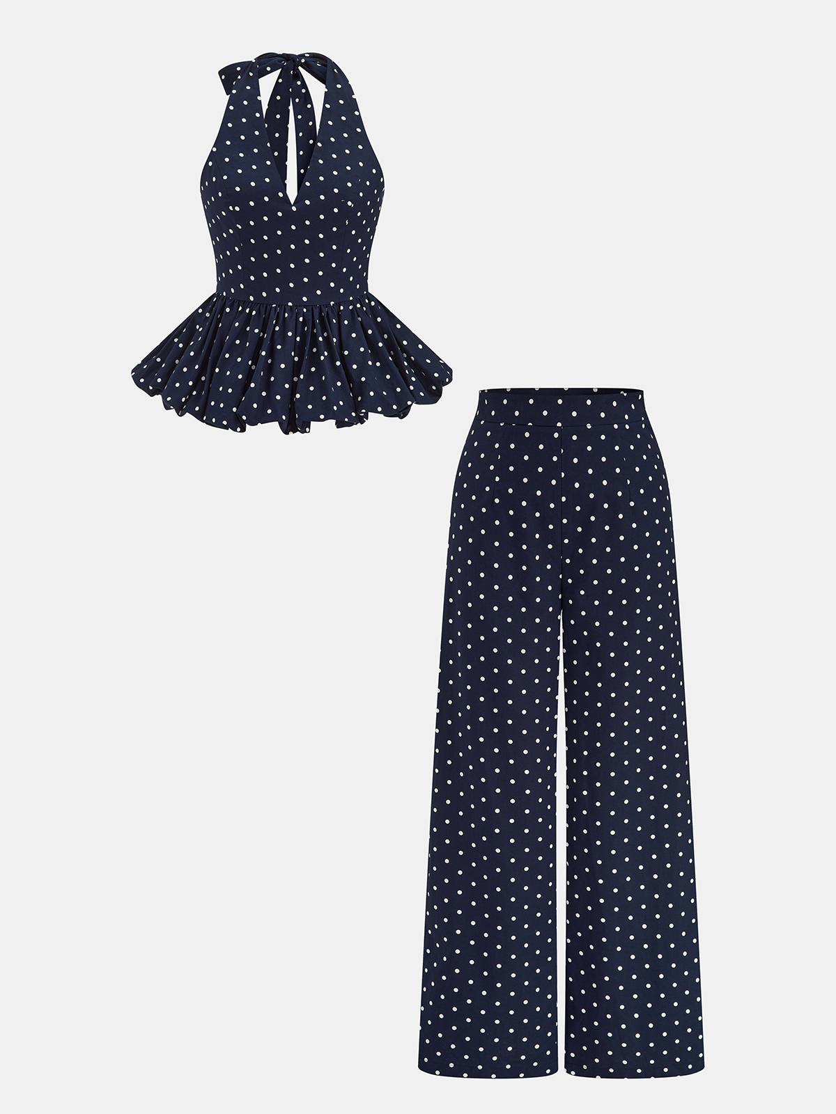 Linen Blend Polka Dot Peplum Top & Pants Set for Women Summer Casual