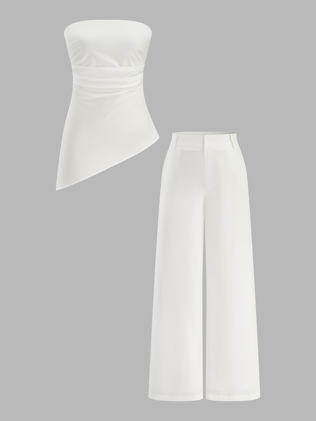 Strapless Asymmetrical Ruched Top & High-Waist Pants Outfit Set