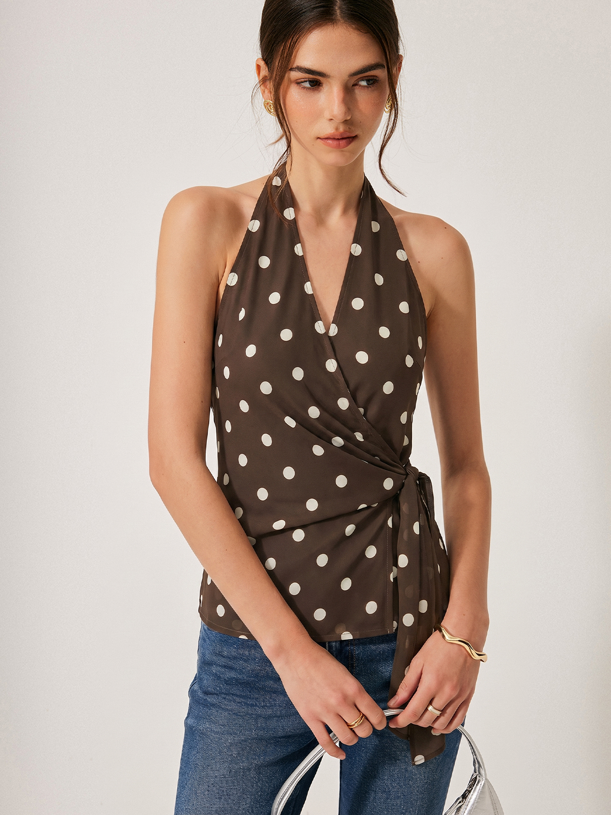 Polka Dot Tie Waist Halter Top with Backless Design for Summer