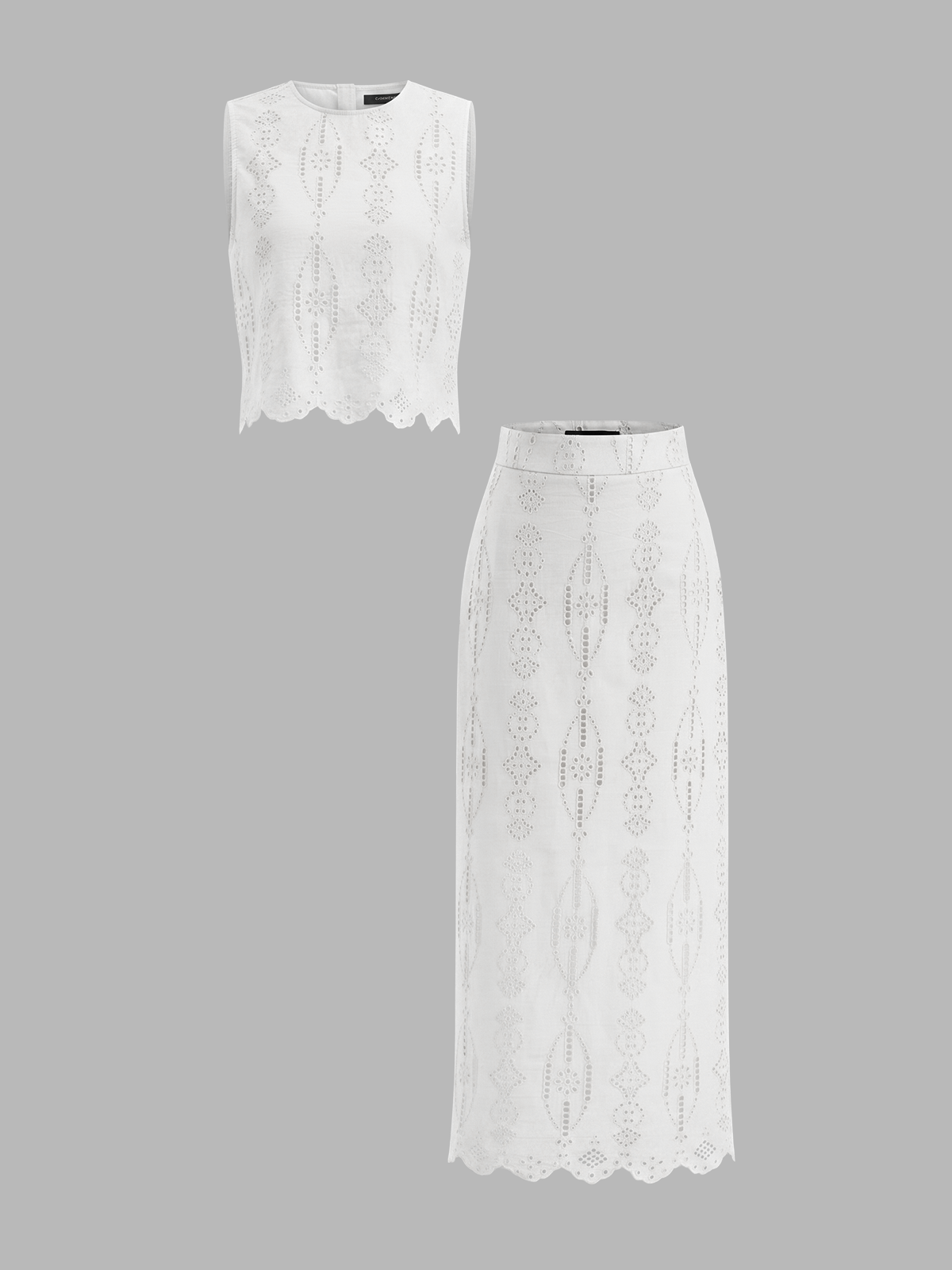 Cotton Eyelet Embroidery Top & Midi Skirt Set for Women Summer Fashion