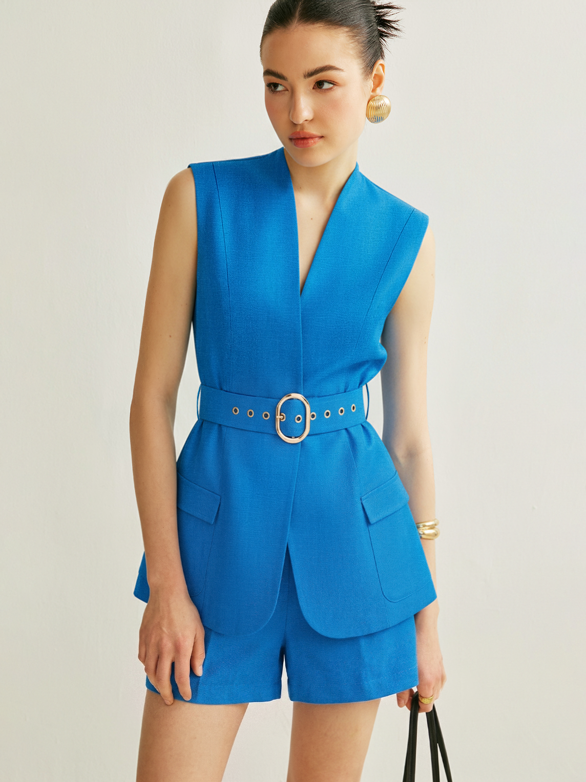 Sleeveless Blazer Vest & Pleated Shorts Set for Women, Casual Outfit