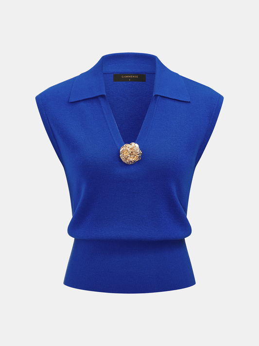 Wool Blend Collared Decorative Knit Vest, Classic Sleeveless Pullover Style