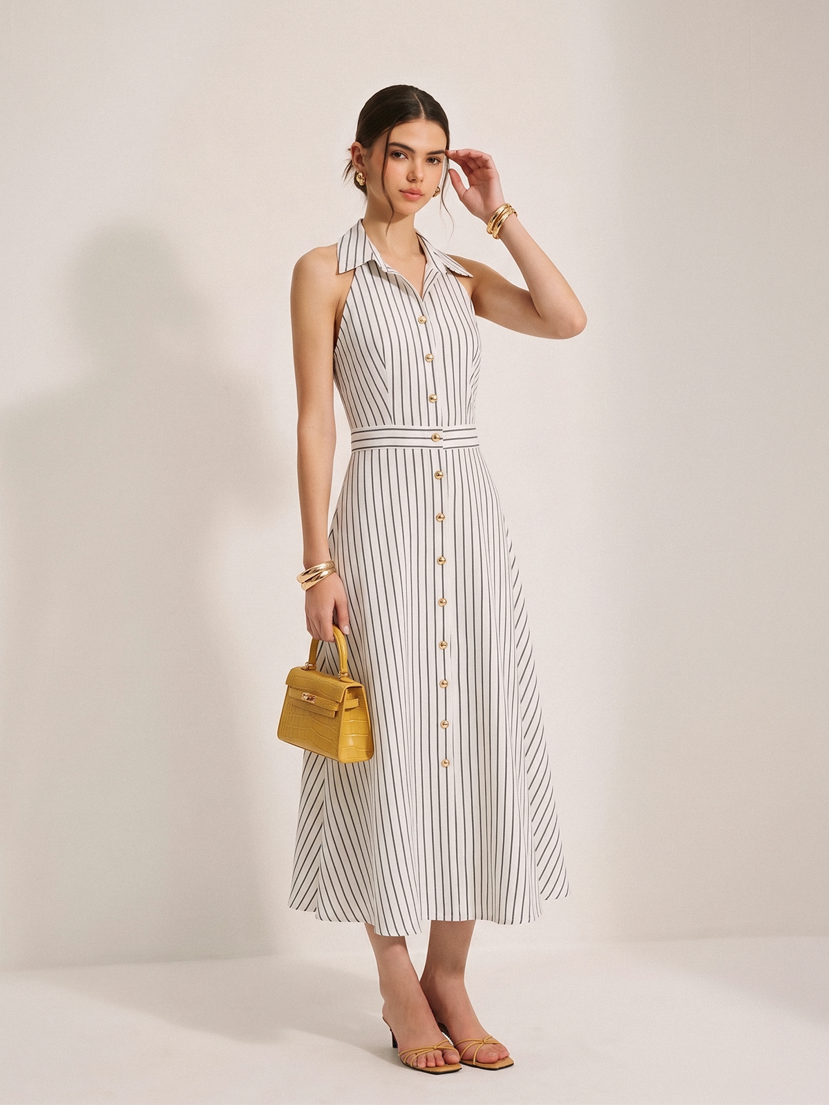 Striped Cotton Buttoned Maxi Dress with Side Pockets and Belt