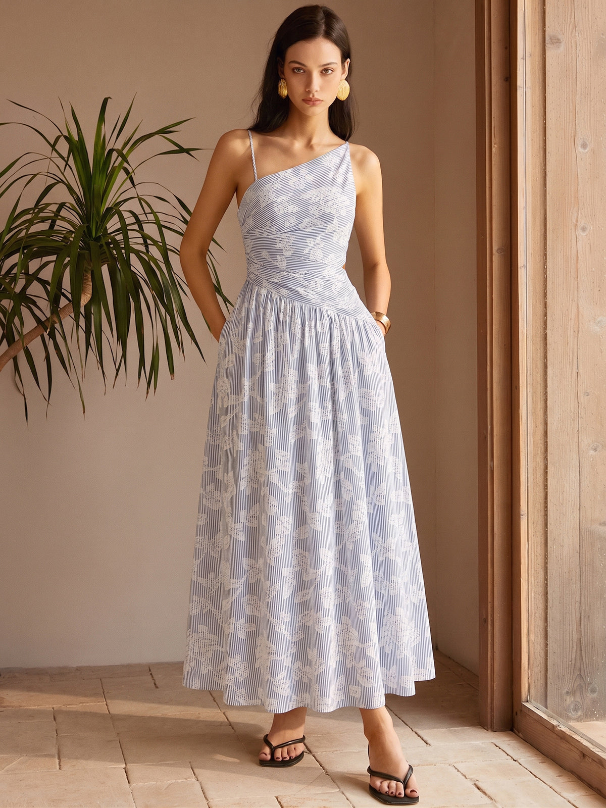 Asymmetric Striped Floral Embroidery Maxi Dress for Women, Elegant Long Summer Wear