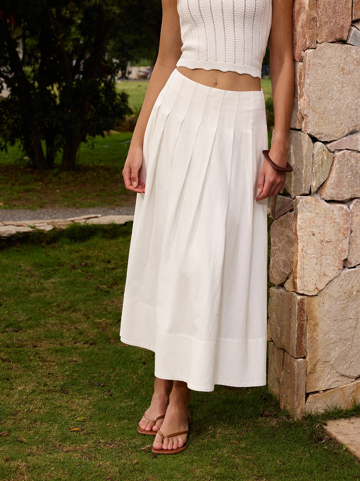 Cotton Linen Pleated Maxi Skirt with Elastic Waistband