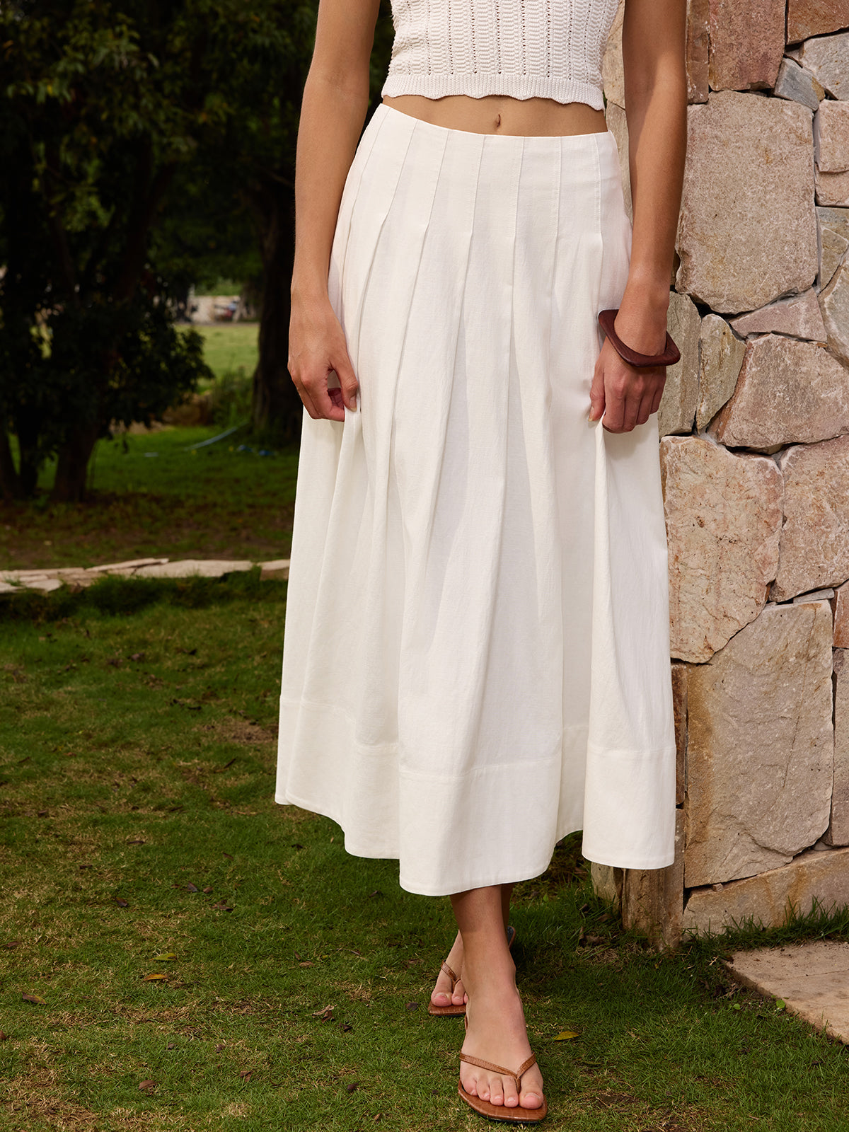 Cotton Linen Pleated Maxi Skirt with Elastic Waistband