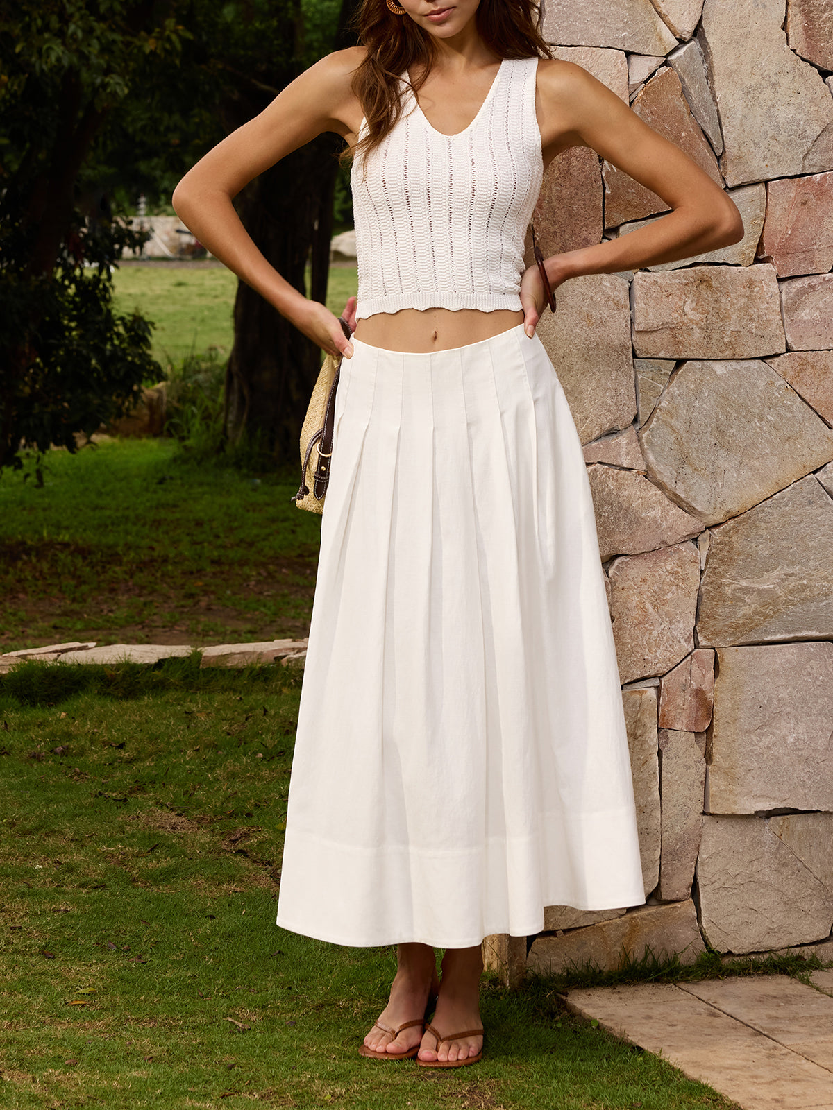 Cotton Linen Pleated Maxi Skirt with Elastic Waistband