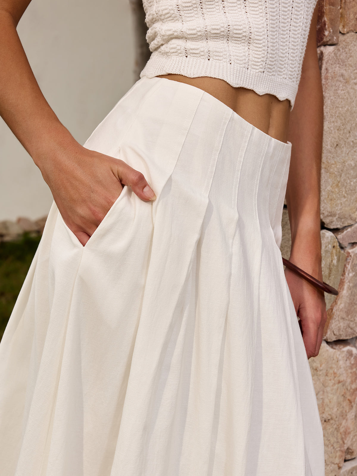 Cotton Linen Pleated Maxi Skirt with Elastic Waistband