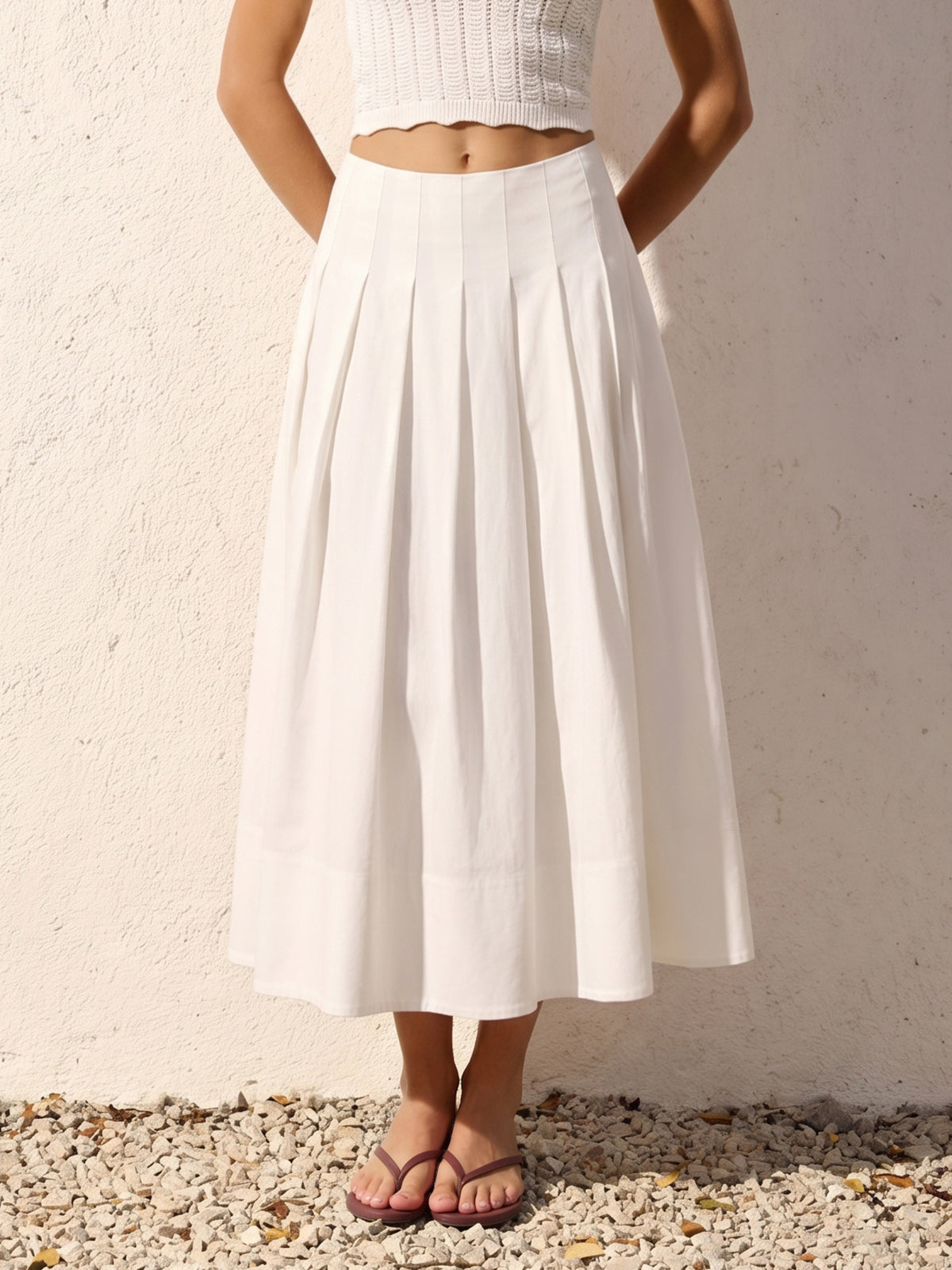 Cotton Linen Pleated Maxi Skirt with Elastic Waistband