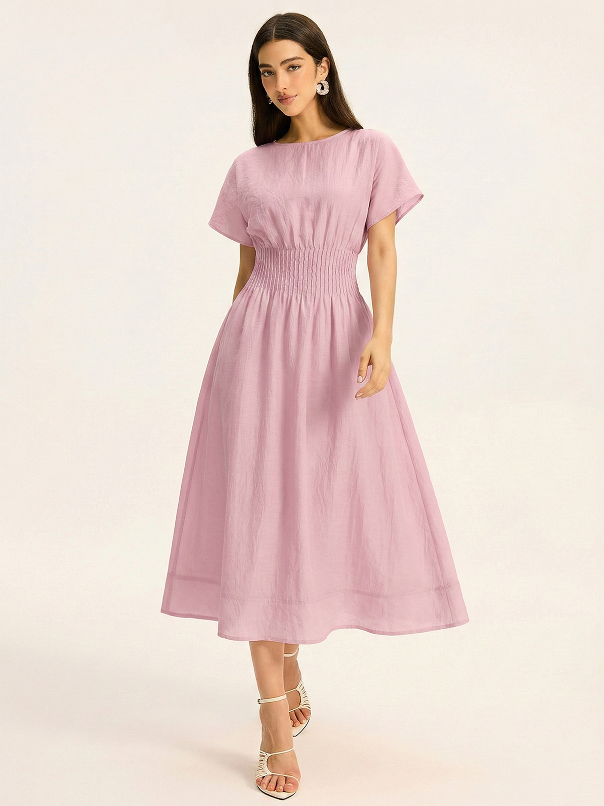 Short Sleeve Smocked Waist Midi Dress for Women Casual Spring Wear
