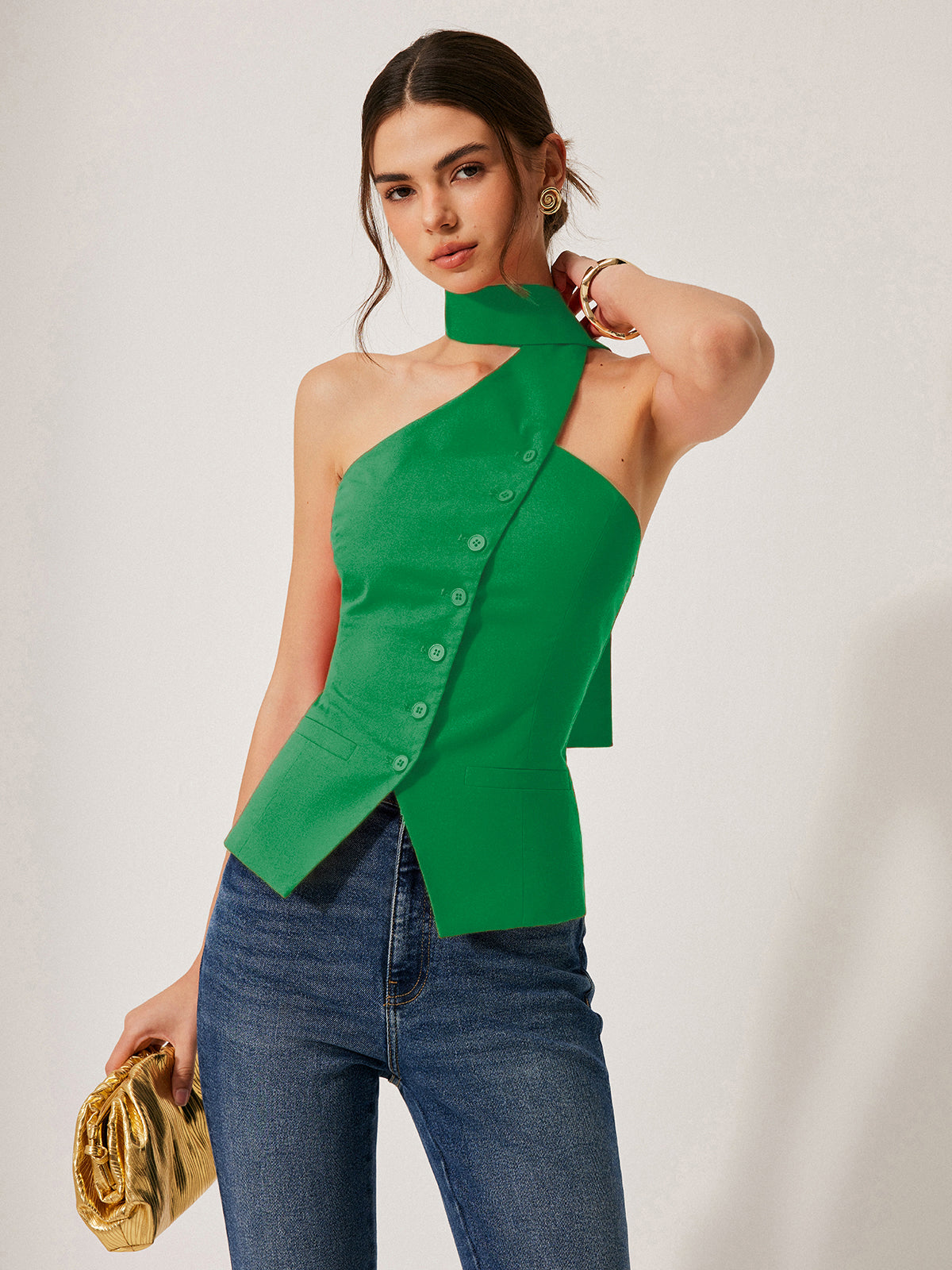 Cotton & Linen Halter Top With Decor Pockets, Summer Breathable Fabric