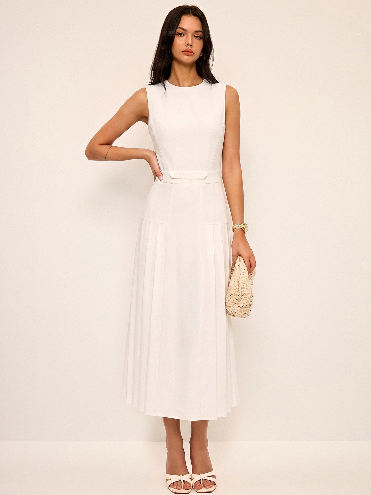 Sleeveless Pleated Midi Dress for Women Summer Casual