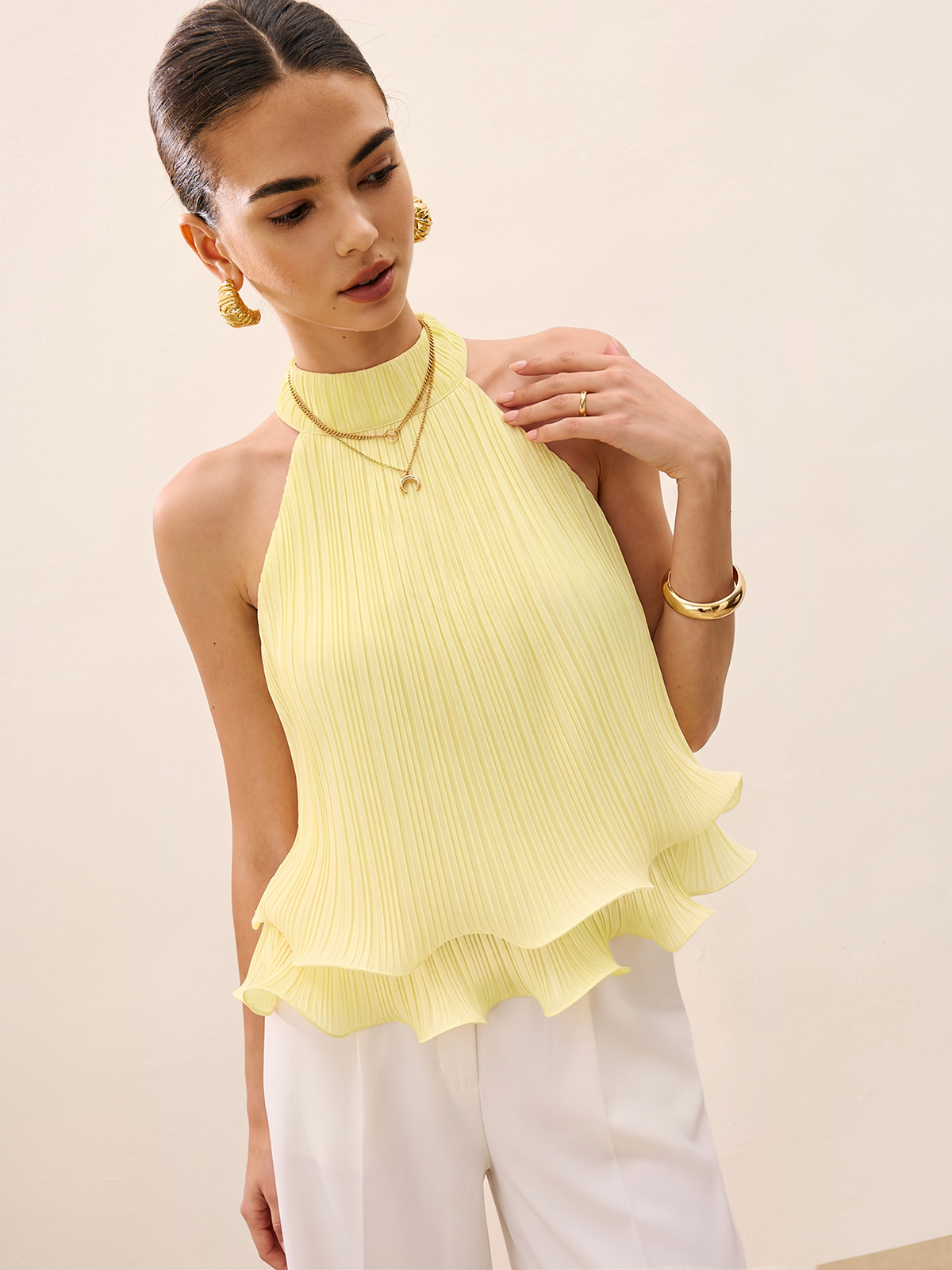Pleated Layered Ruffle Halter Tank Top Women's Sleeveless Blouse