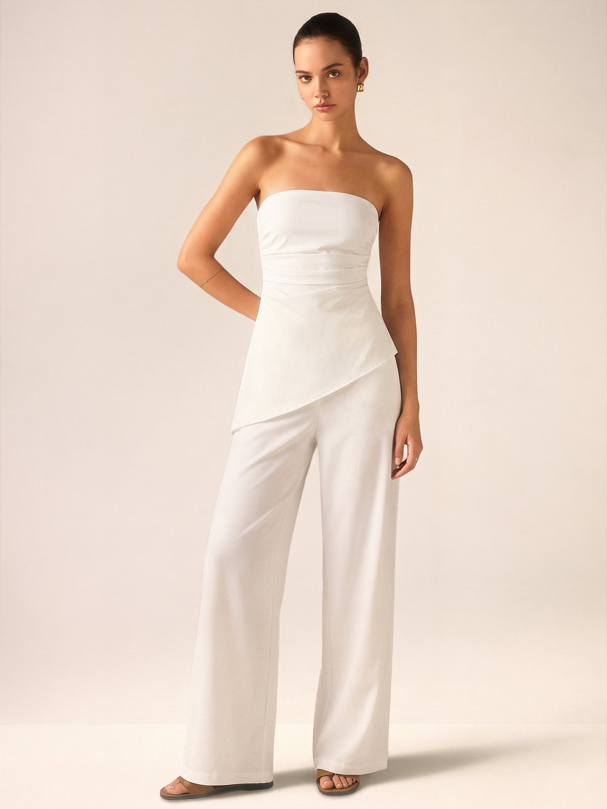 Strapless Asymmetrical Ruched Top & High-Waist Pants Outfit Set