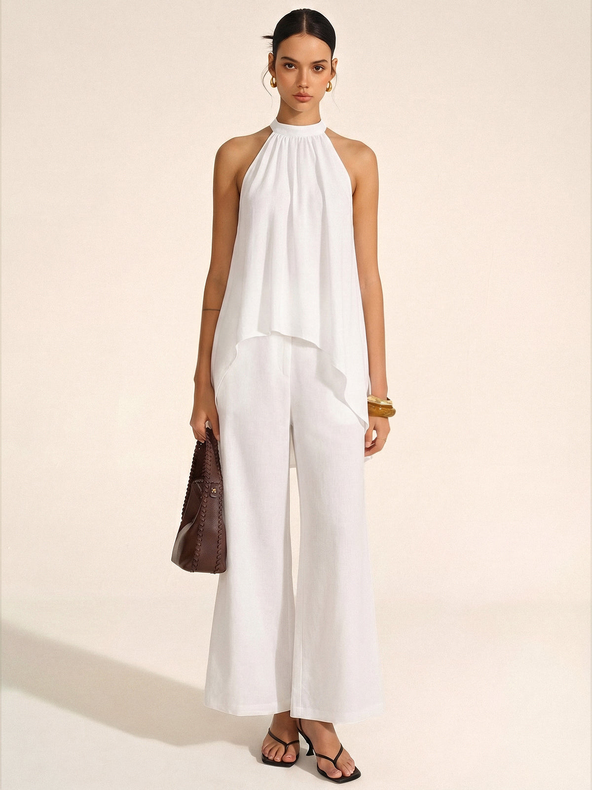Halter Asymmetric Hem Top & Pants Set for Women Casual Wear