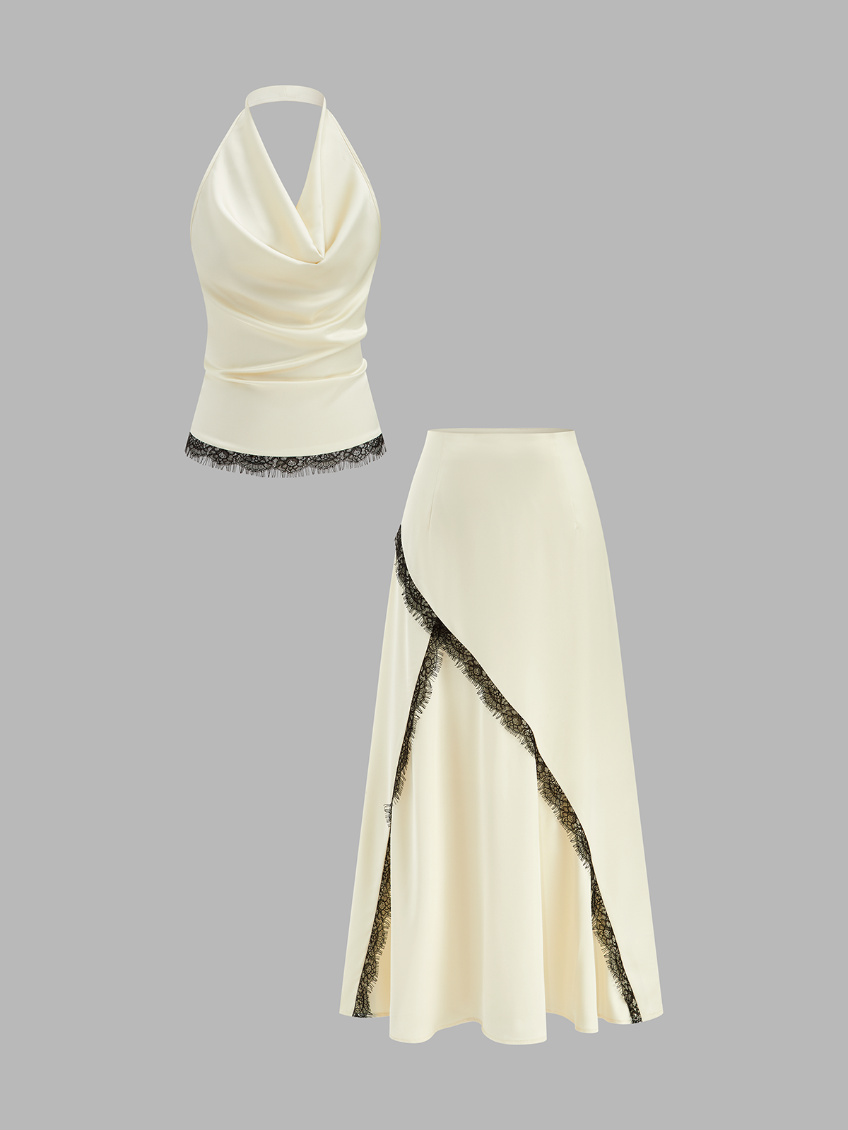 Lace Trim Satin Cowl Neck Top & Mermaid Skirt Set for Elegant Evenings