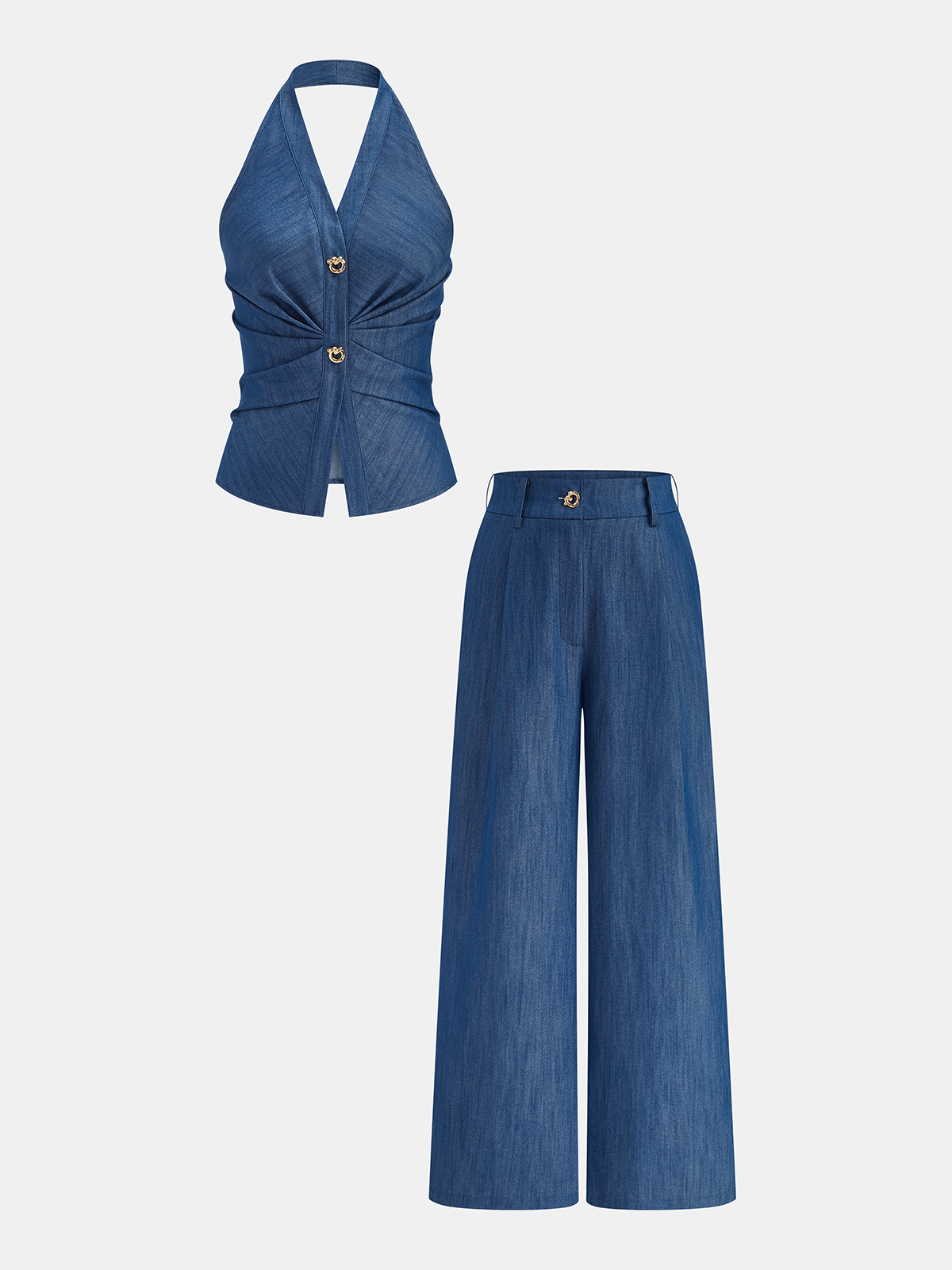 Faux Denim Halter Ruched Top & Pants Set for Women in Stylish Outfits