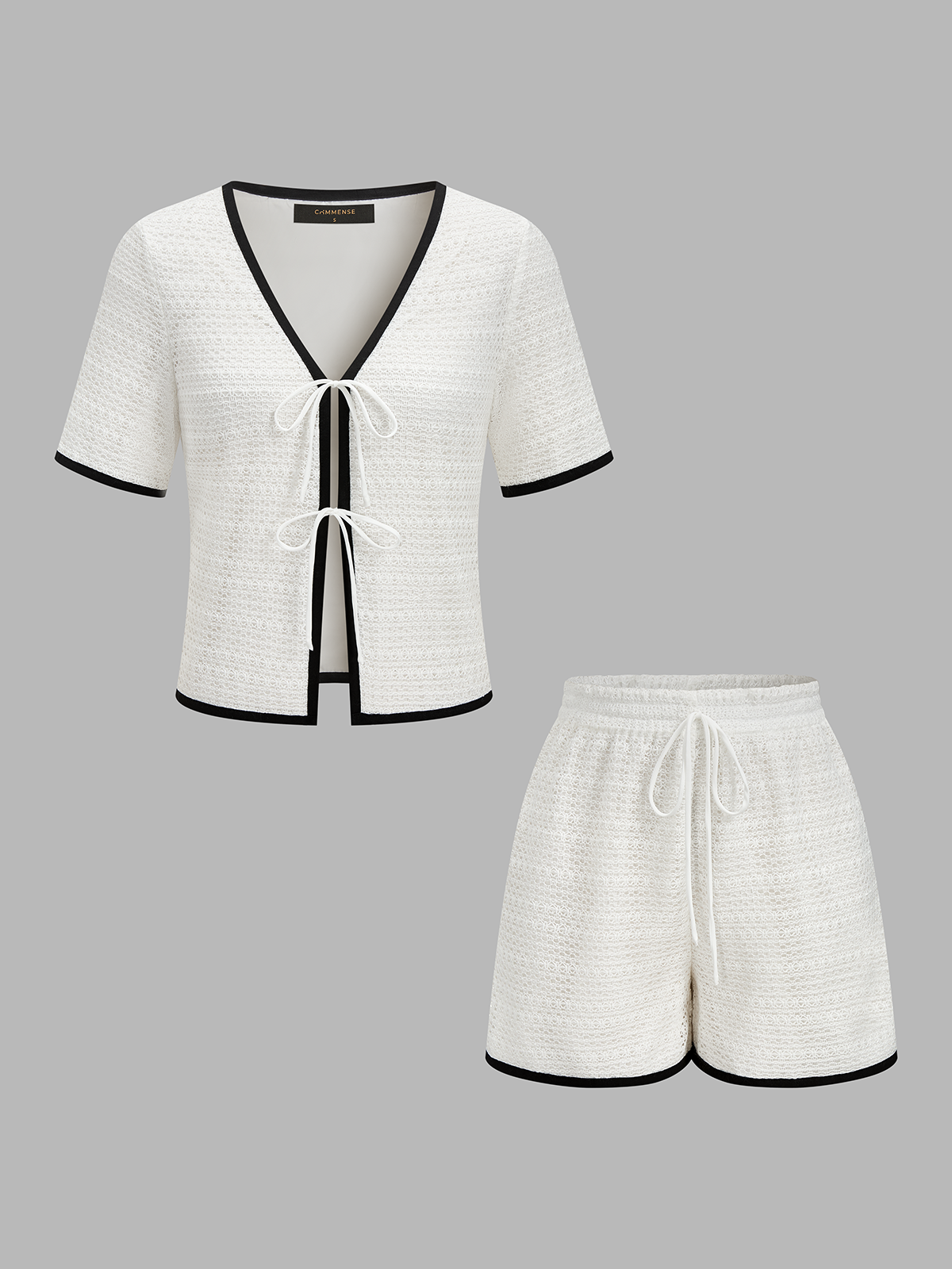 Knitted Contrast Binding Tie Front Top & Shorts Set Cozy Lounge Wear