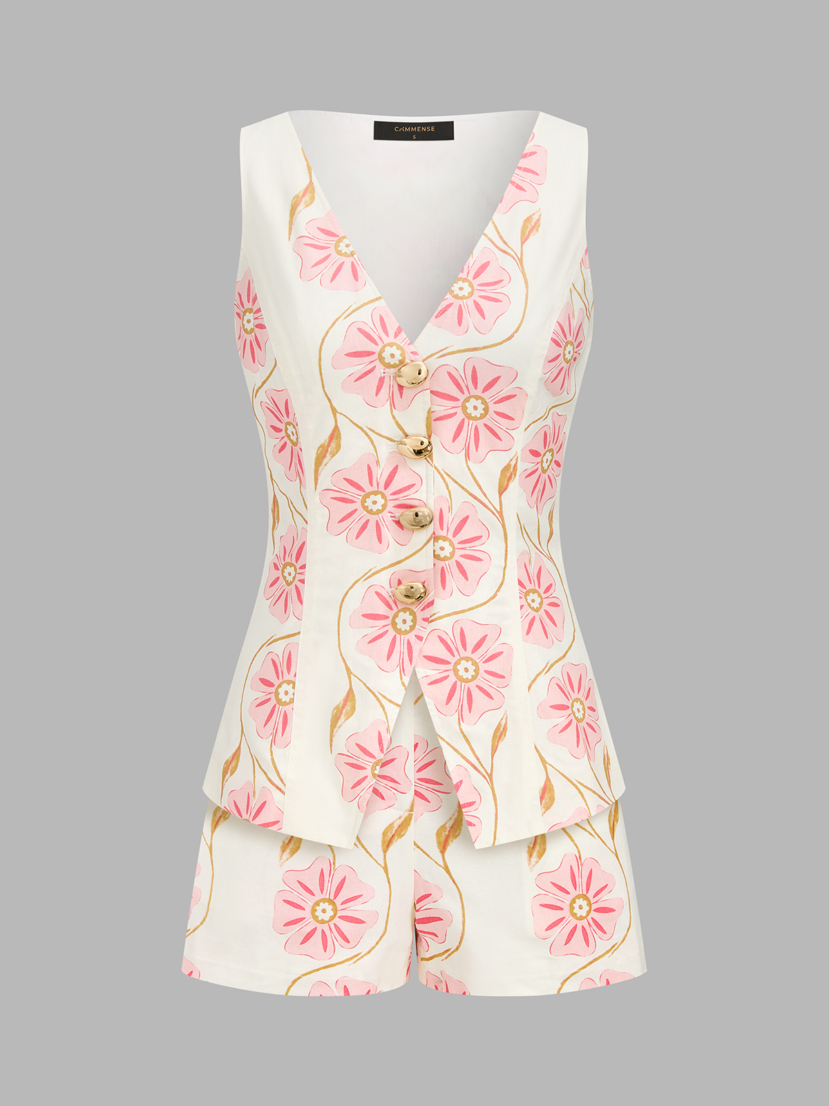Floral Print Cotton Linen Vest & Shorts Set for Summer Wear