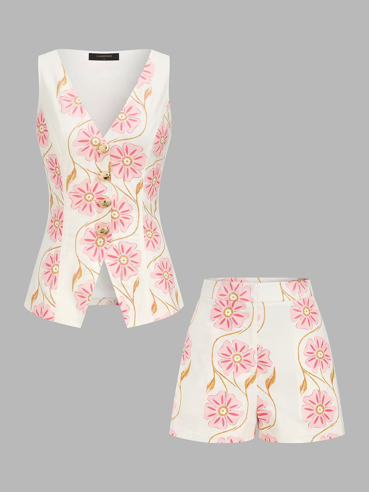 Floral Print Cotton Linen Vest & Shorts Set for Summer Wear