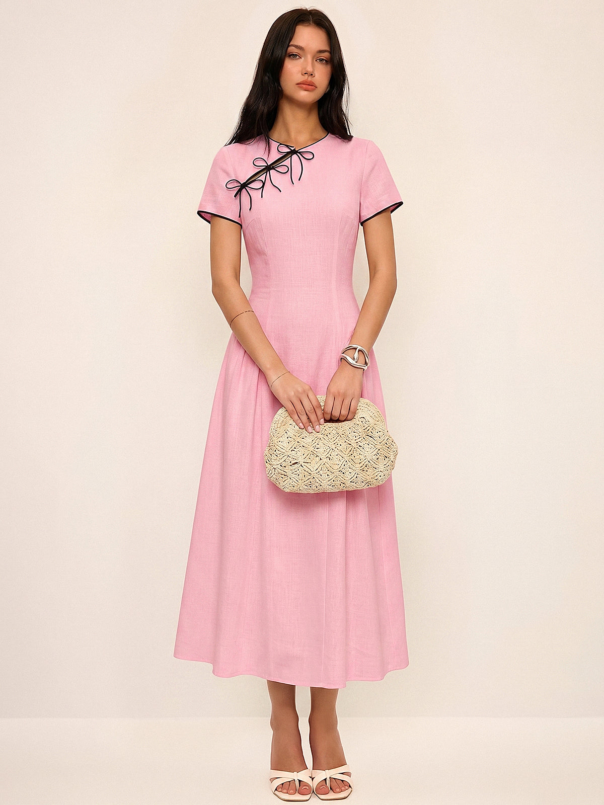 Bow Detail Cotton Cheongsam Midi Dress with Elegant Embroidery Detail