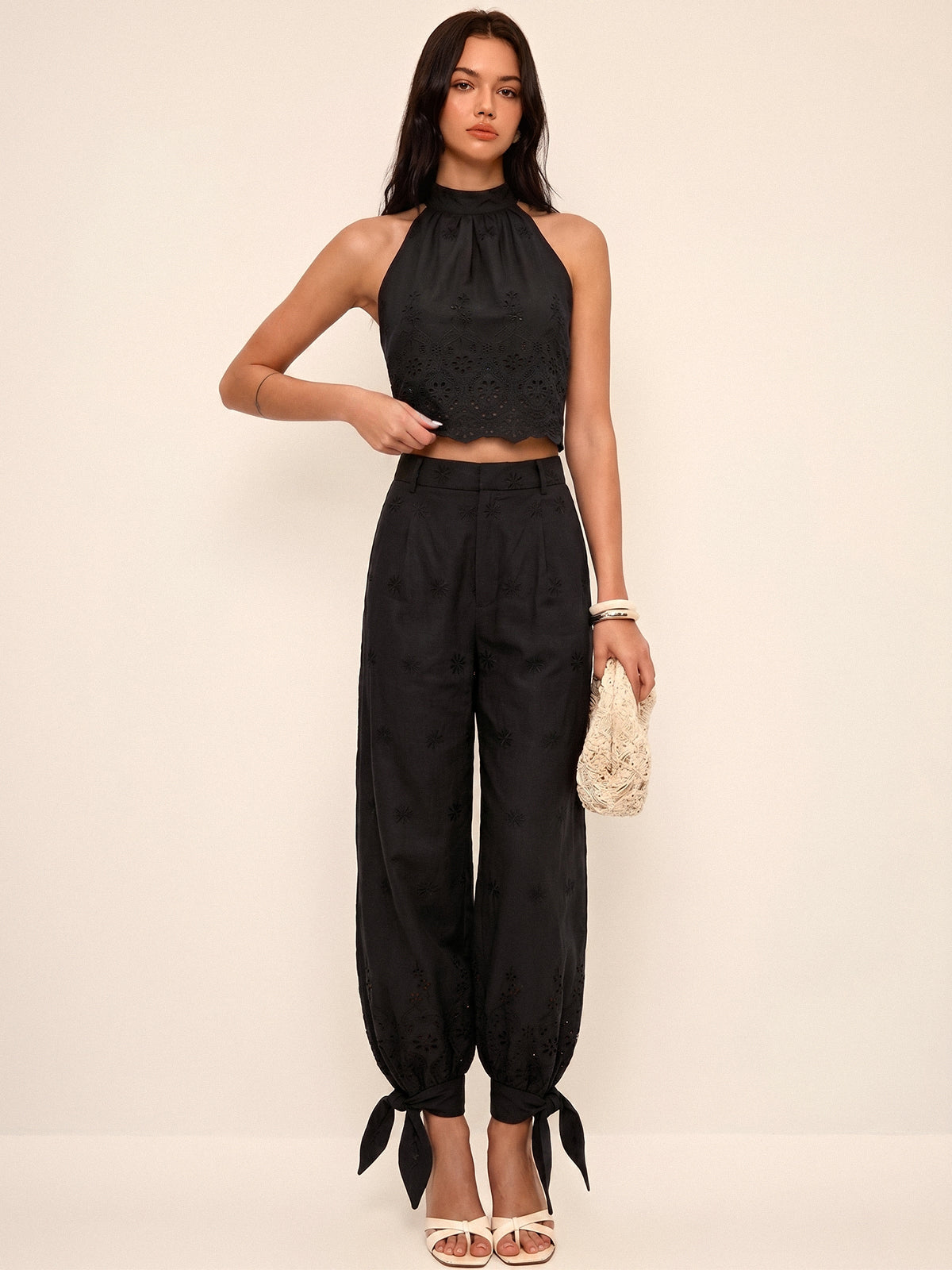 Eyelet Embroidery Top & Tie-Cuff Pants Set for Women Spring Collection