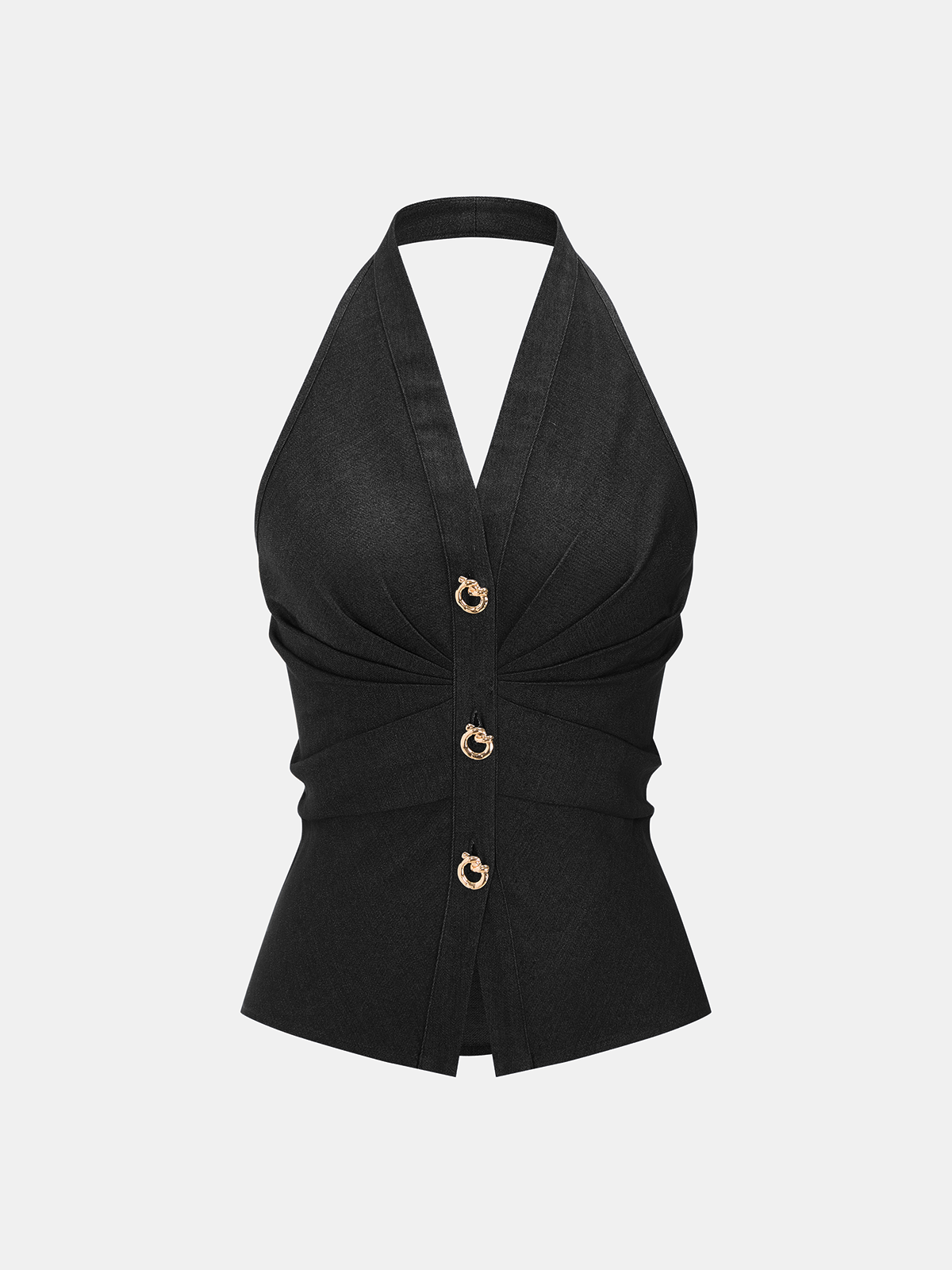 Metal Button Denim Halter Ruched Top - Versatile Women's Streetwear Essential