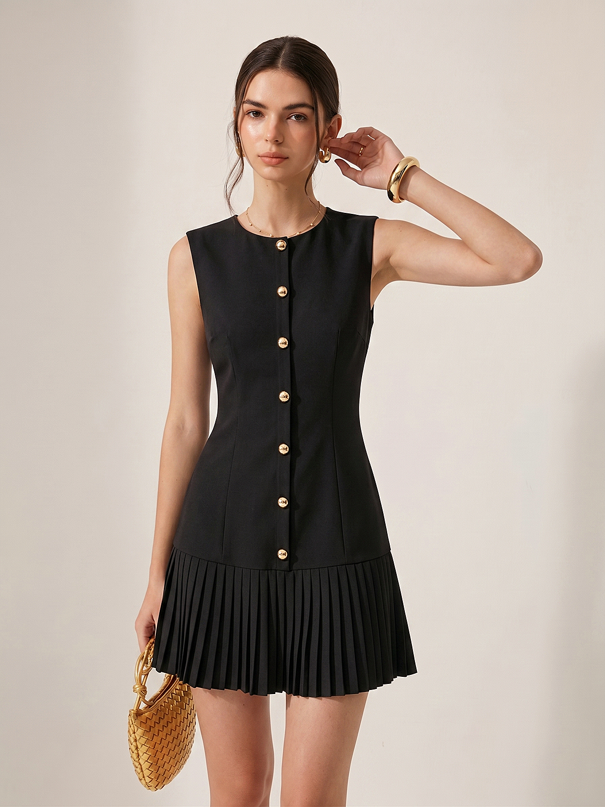 Metal Detail Sleeveless Slim Fit Pleated Mini Dress for Women Spring Collection
