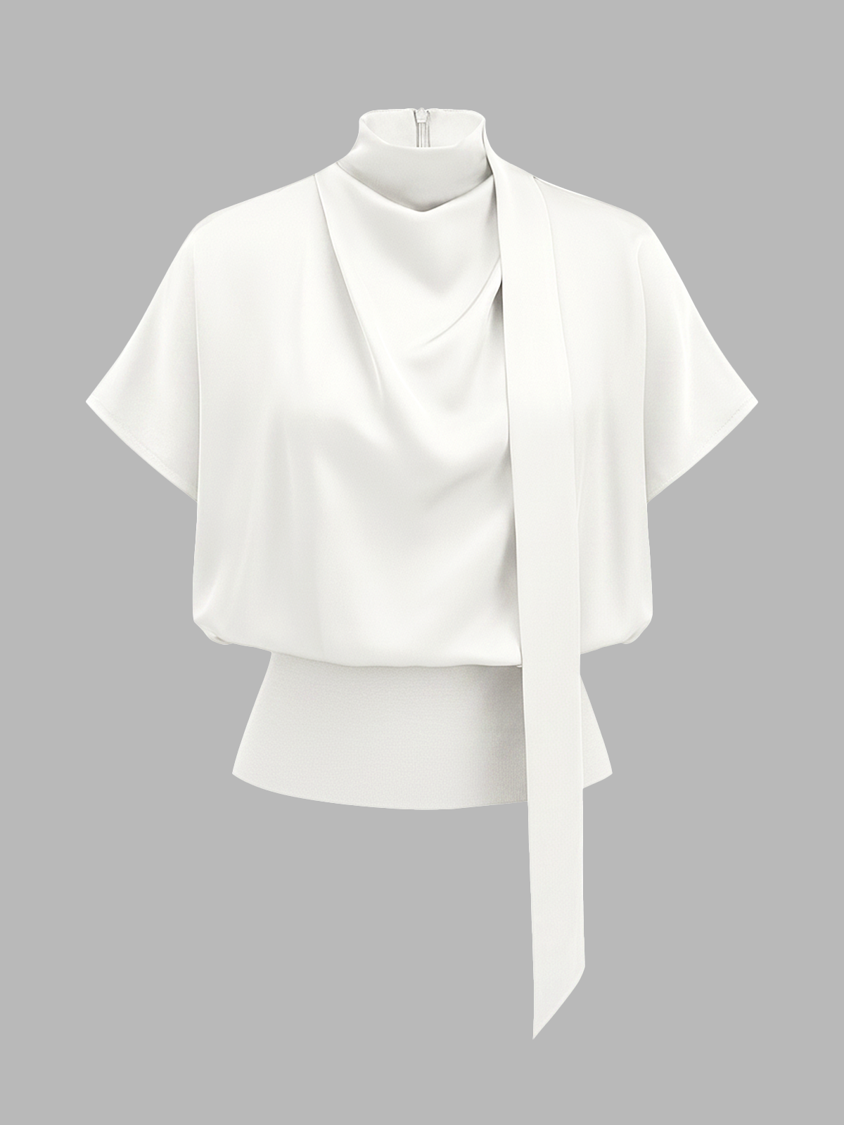 Draped Satin Mock Neck Blouse with Tie for Women, Elegant Long Sleeve Top