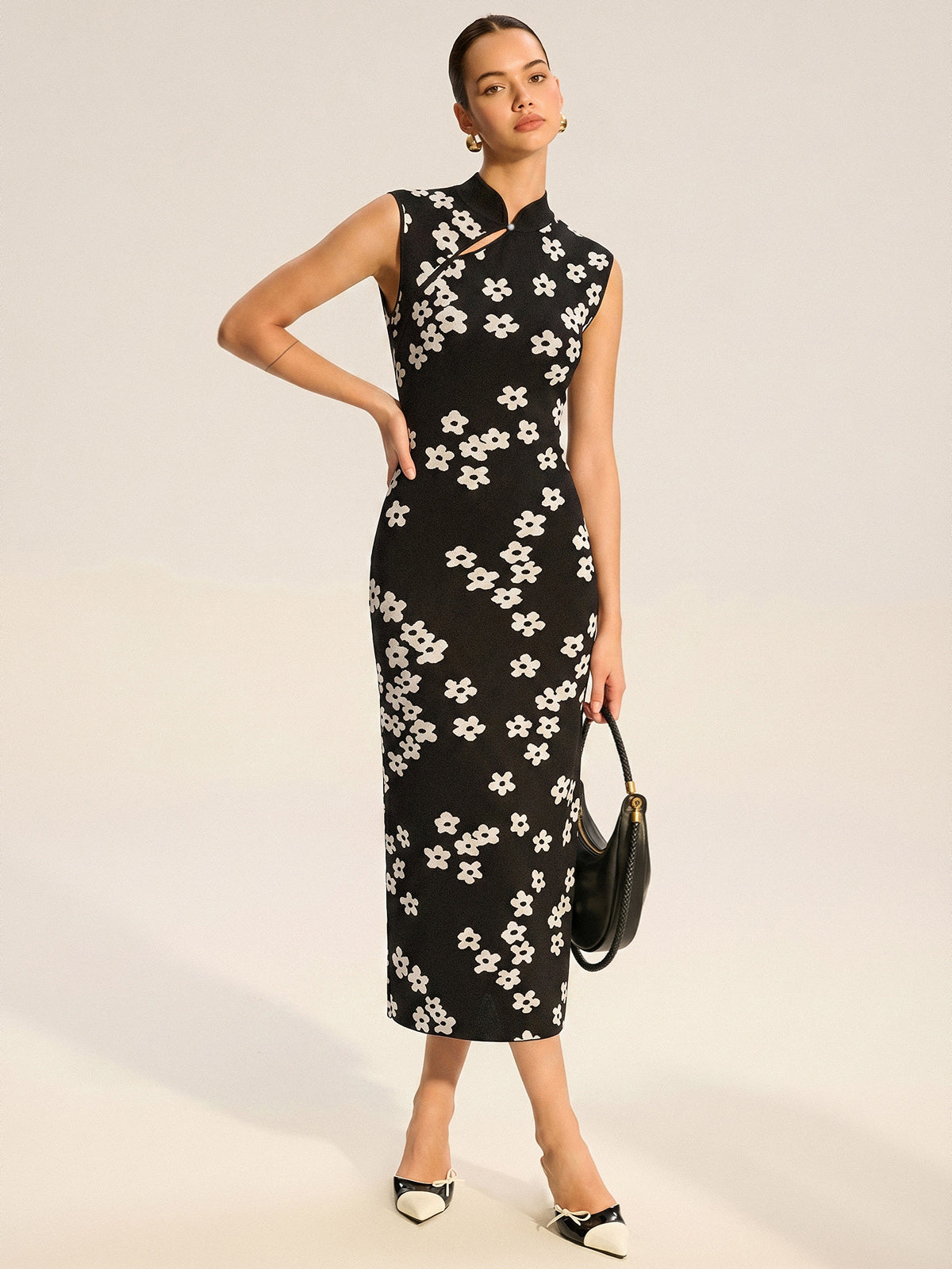 Floral Print Sleeveless Knit Midi Dress with Side Slits for Women