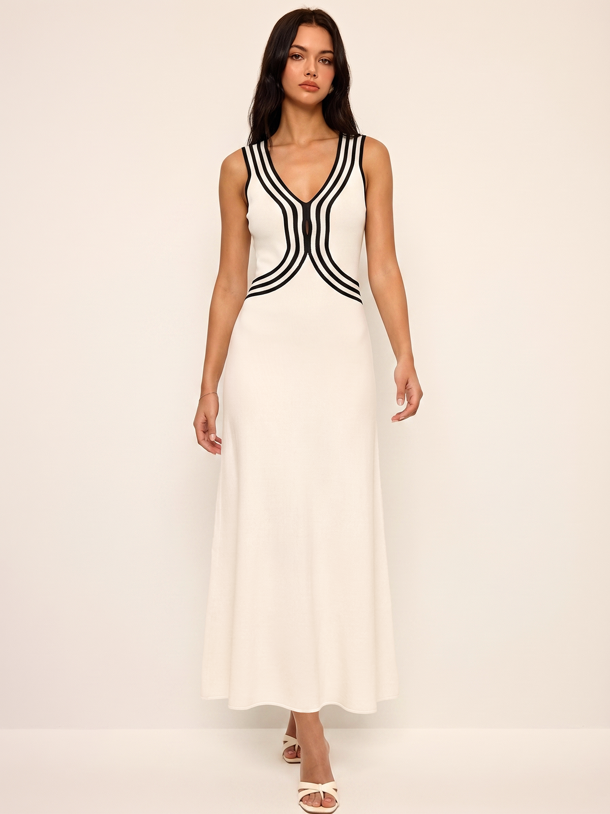 Striped Sleeveless V Neck Knit Maxi Dress with Side Slit Detail