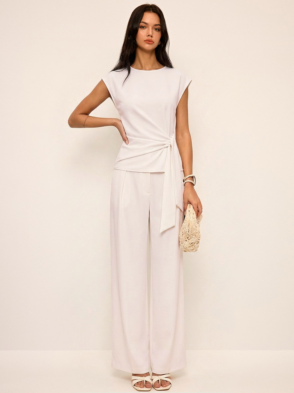 Tie Waist Sleeveless Top & Wide Leg Pants Set Women's Casual Summer Outfit