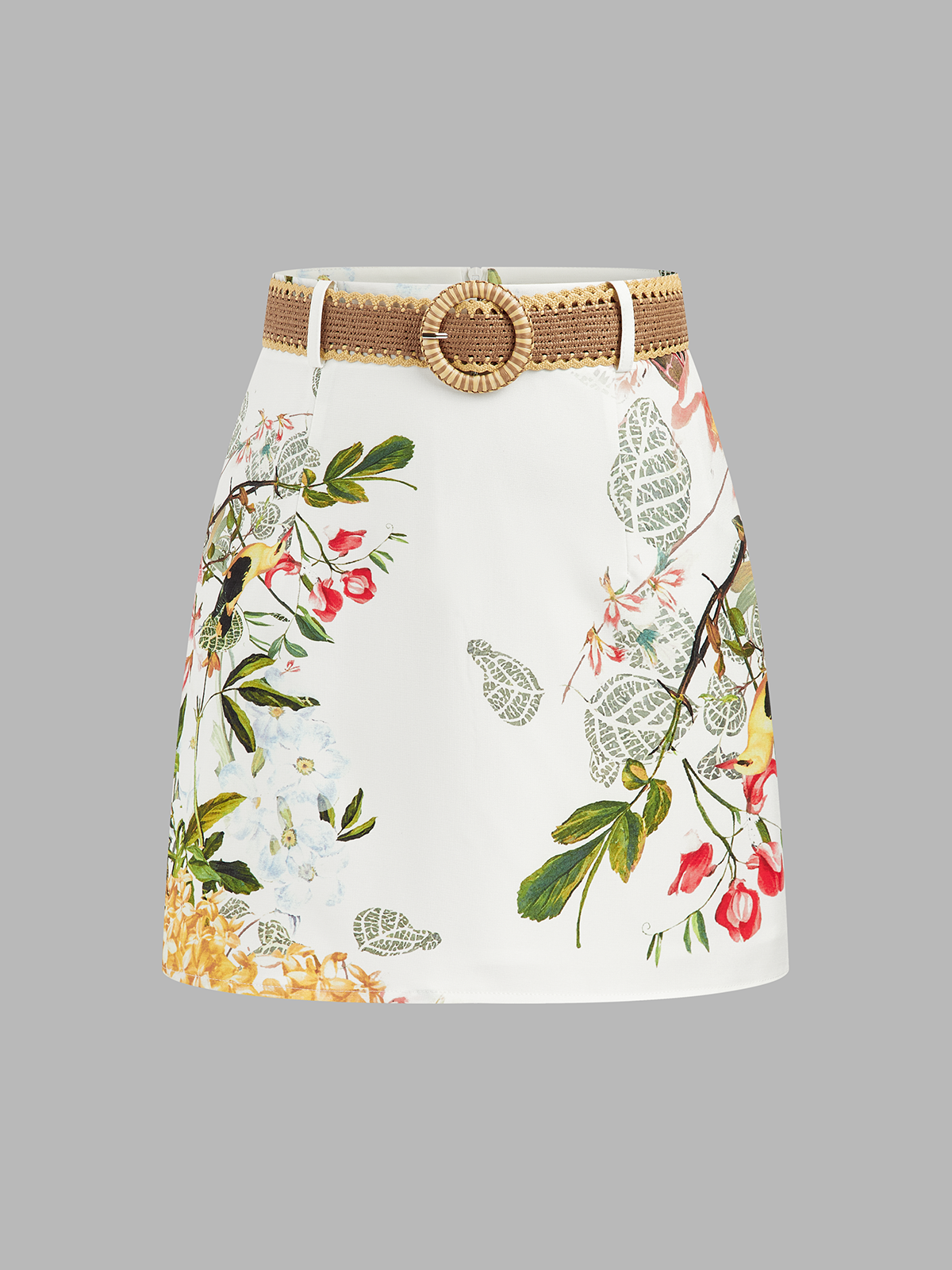 Floral Bird Print Belted Mini Skirt with High Waist Design