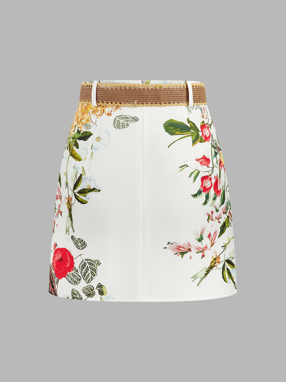 Floral Bird Print Belted Mini Skirt with High Waist Design