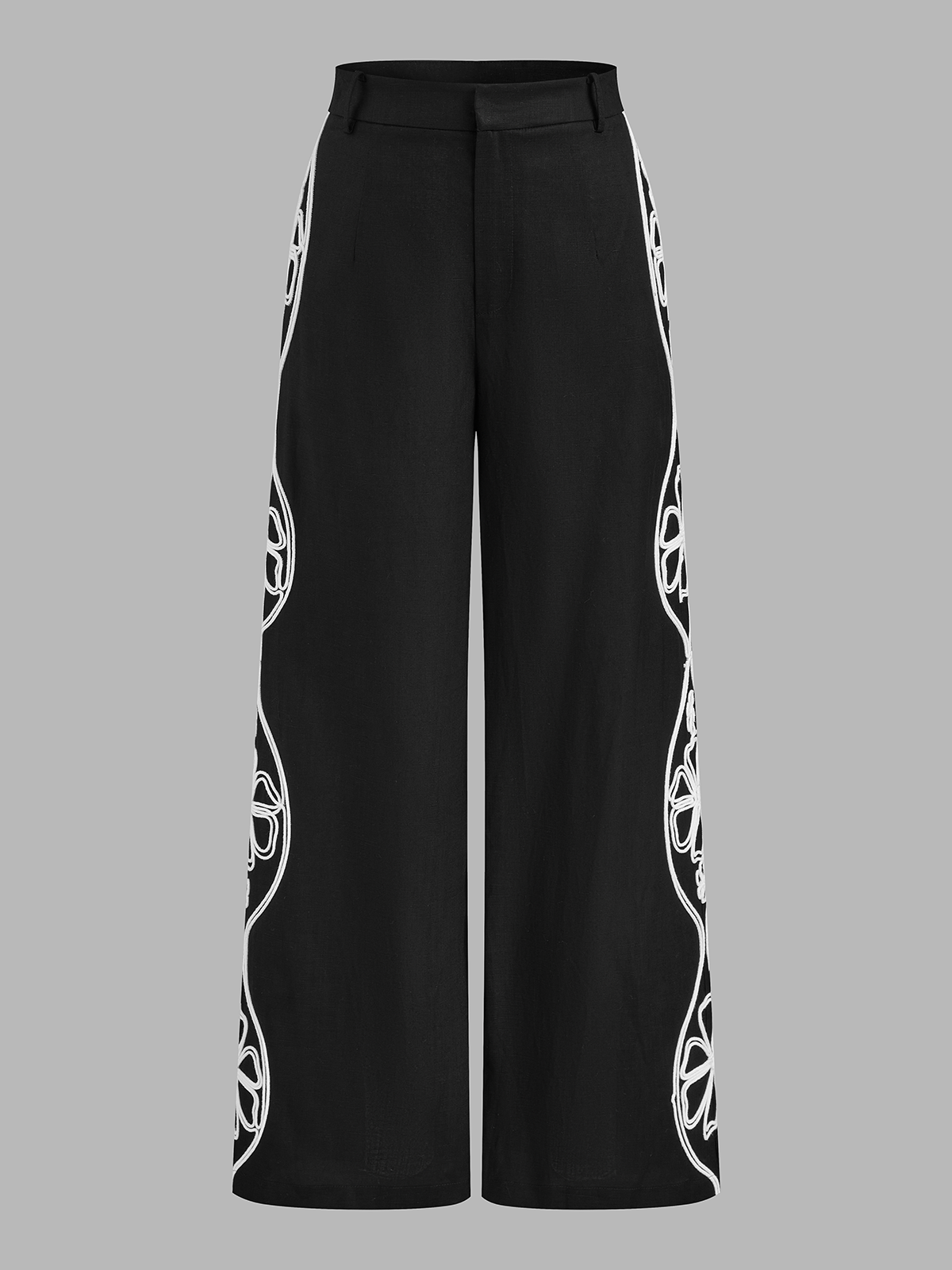 Linen Blend Side Embroidered Wide Leg Pants for Women Summer Comfort