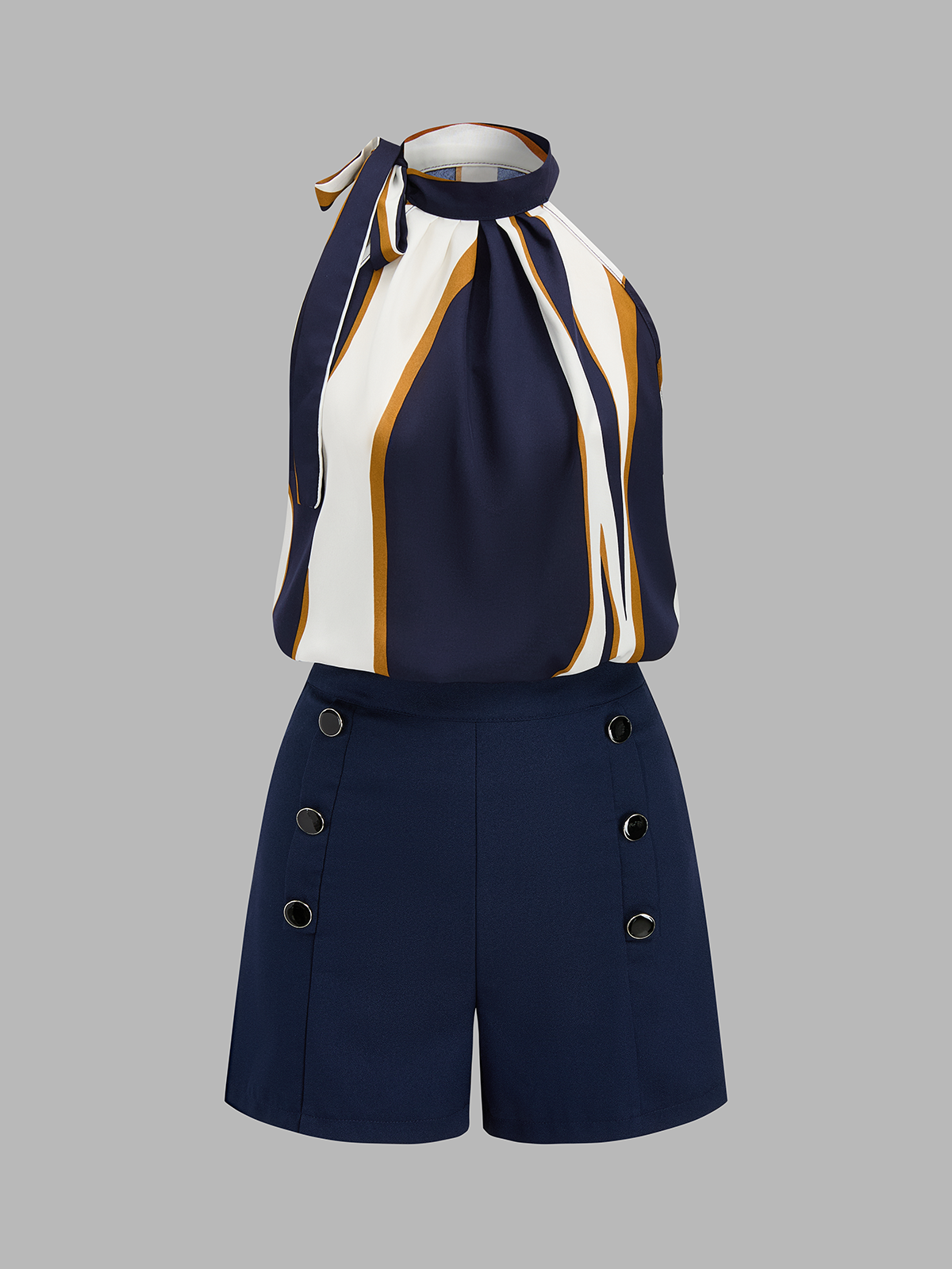 Striped Tie-Neck Top & Button Detail Shorts Set for Women Summer Outfit
