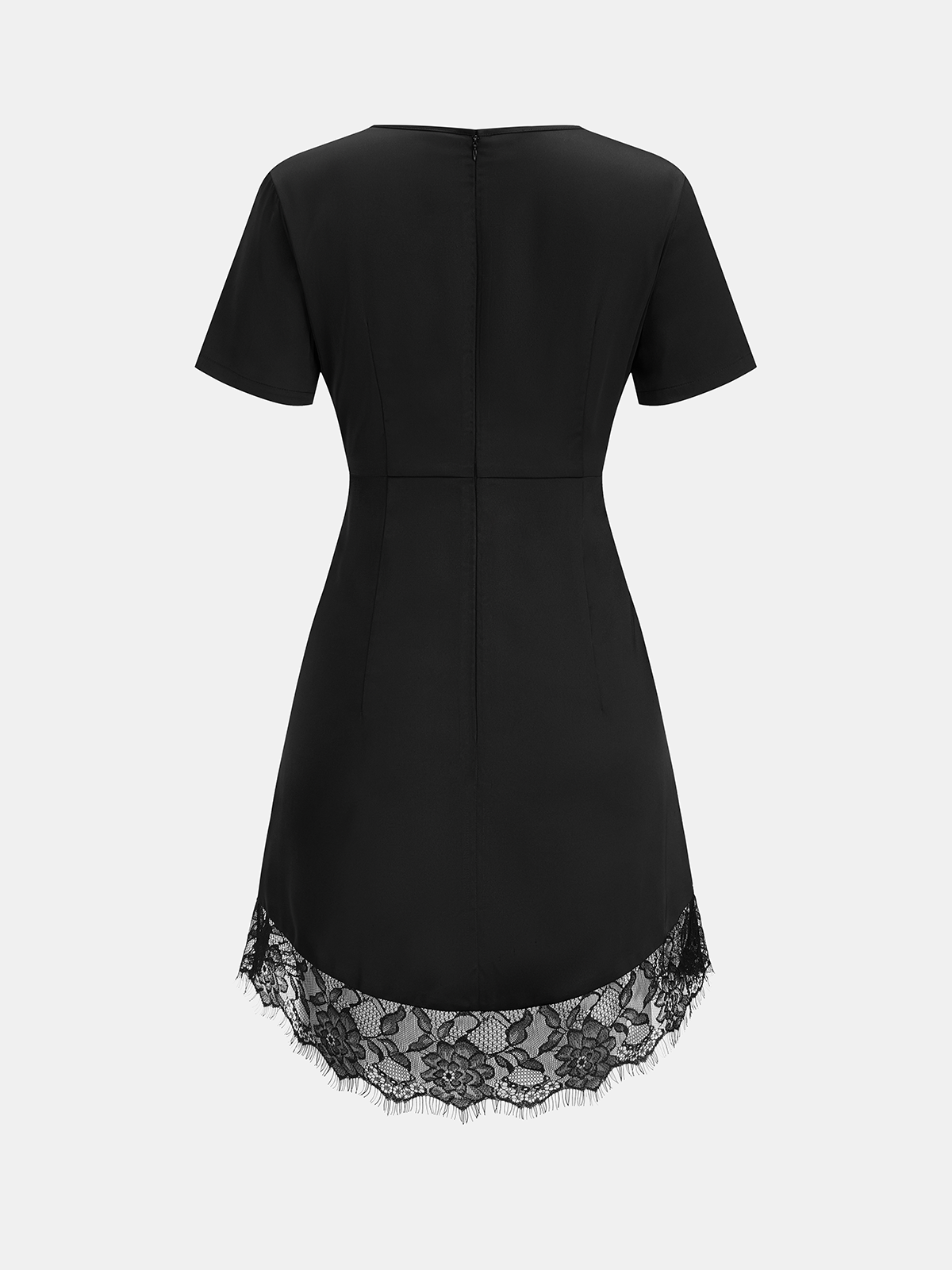 Short Sleeve Twist Waist Lace Hem Mini Dress with V-Neckline and Flared Skirt