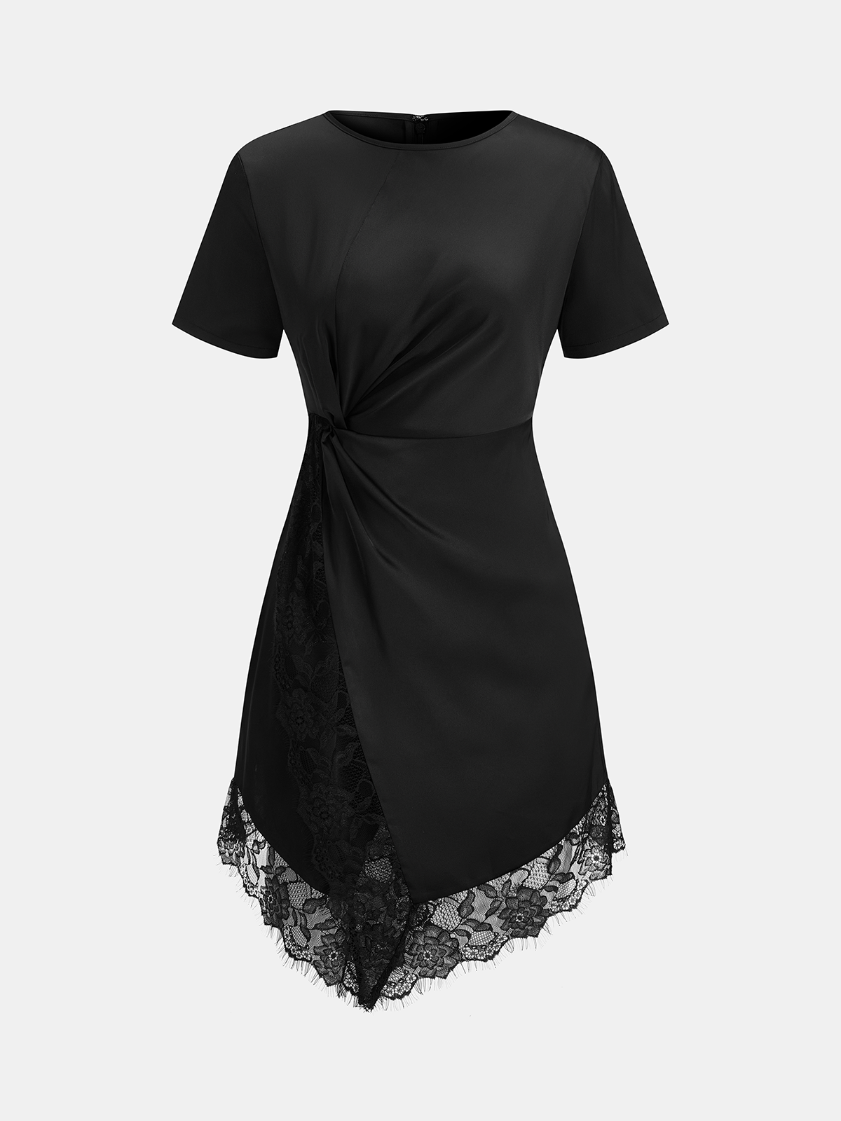 Short Sleeve Twist Waist Lace Hem Mini Dress with V-Neckline and Flared Skirt
