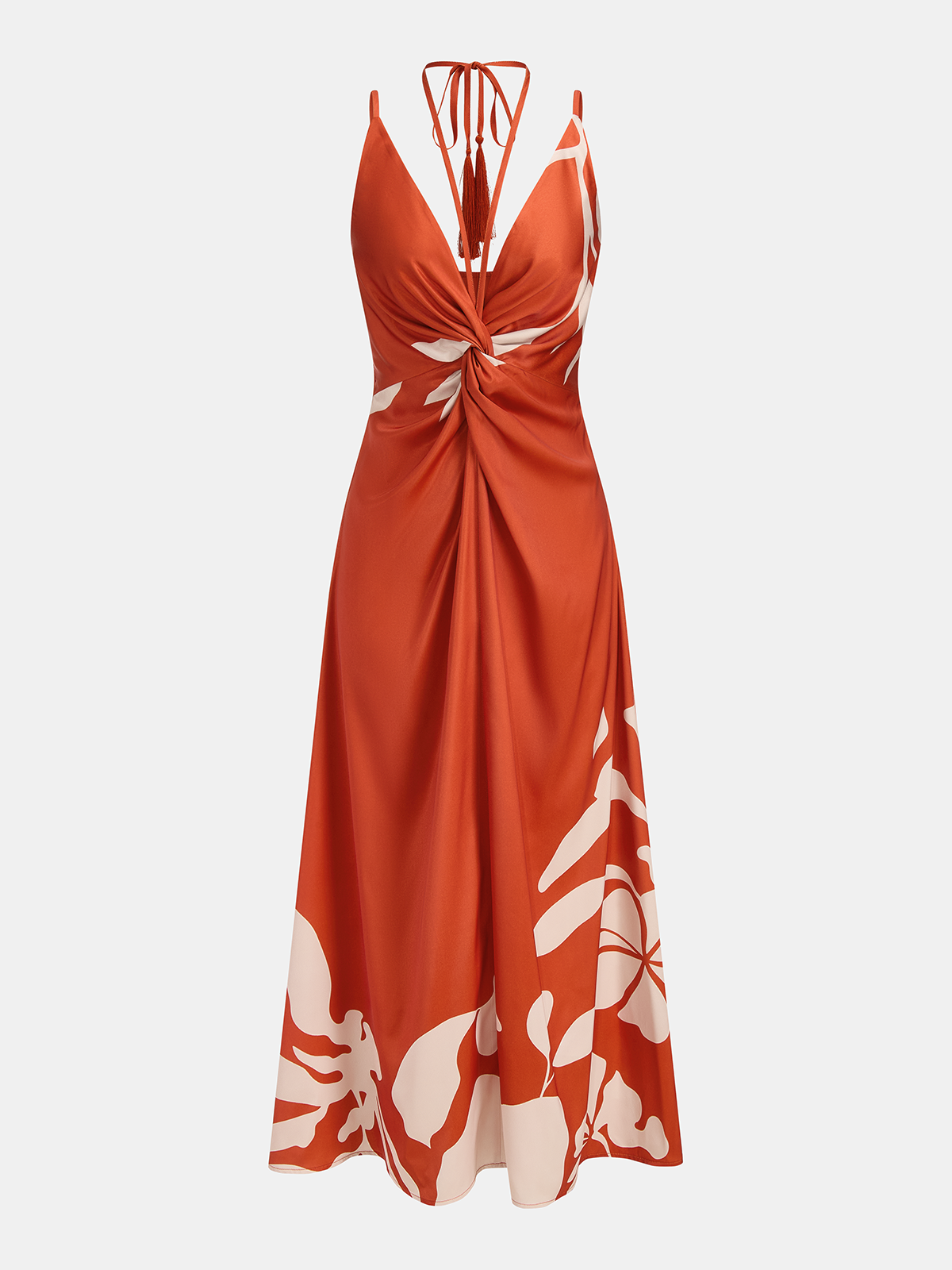 Tassel Detail Twist-Front Floral Print Maxi Dress with V-Neck and Empire Waist
