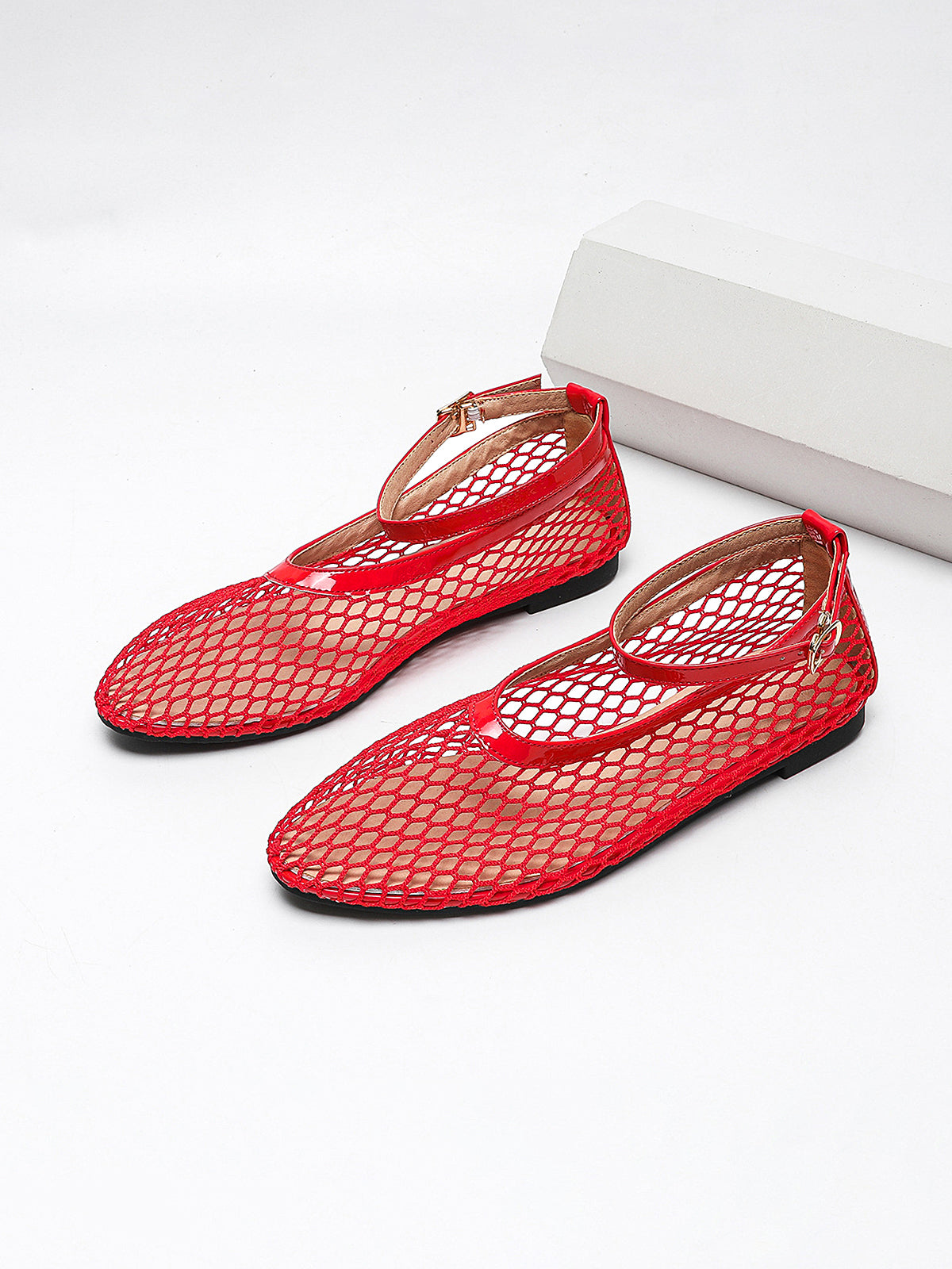 Fishnet Mesh Ankle Strap Comfortable Ballet Flats for Women