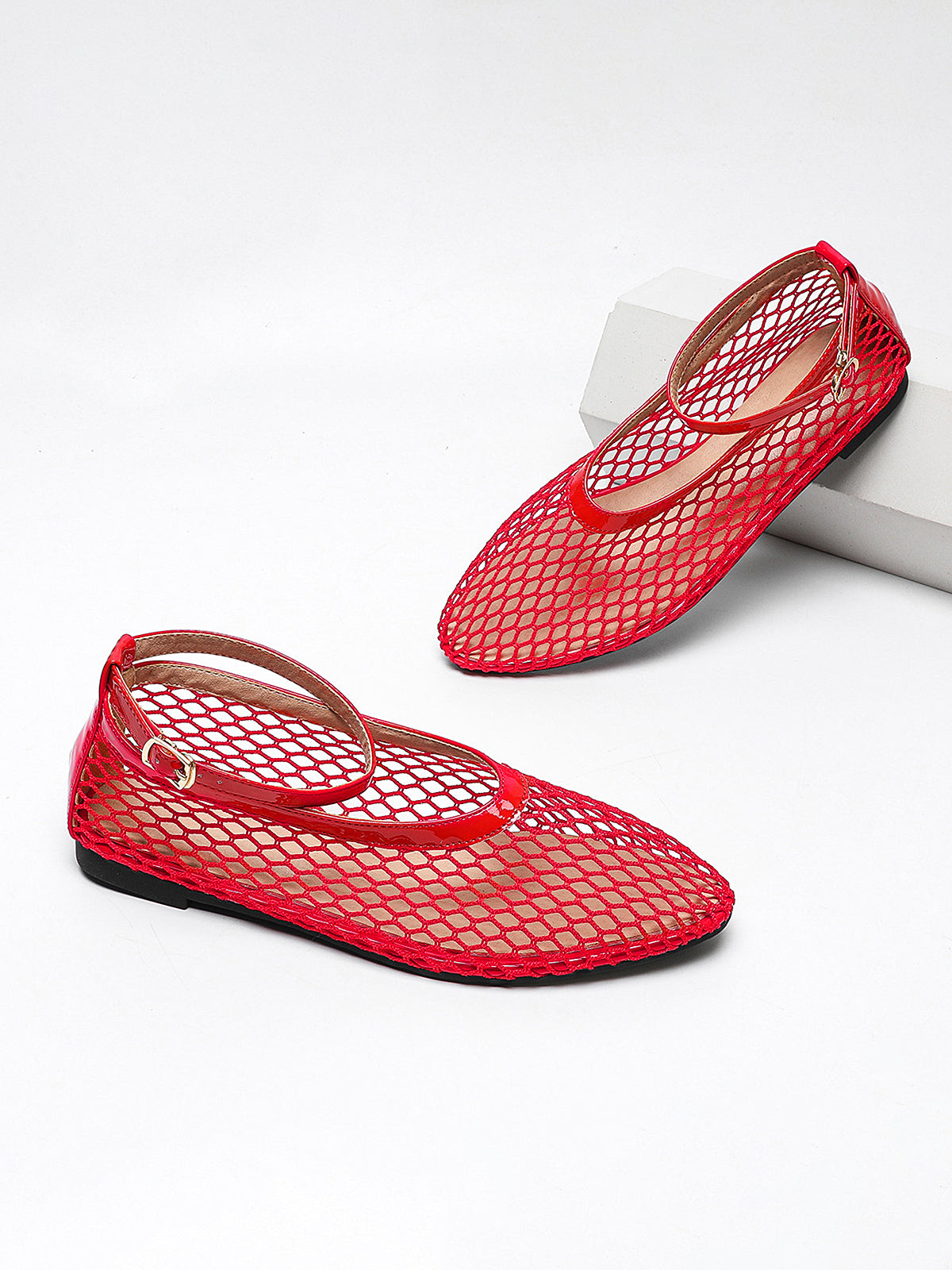 Fishnet Mesh Ankle Strap Comfortable Ballet Flats for Women