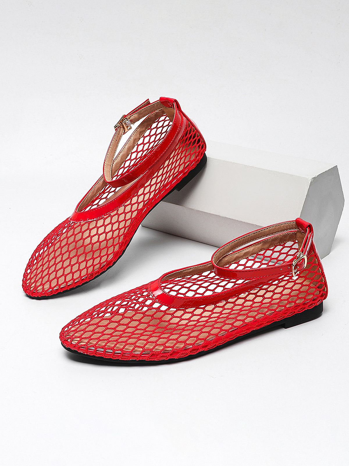 Fishnet Mesh Ankle Strap Comfortable Ballet Flats for Women