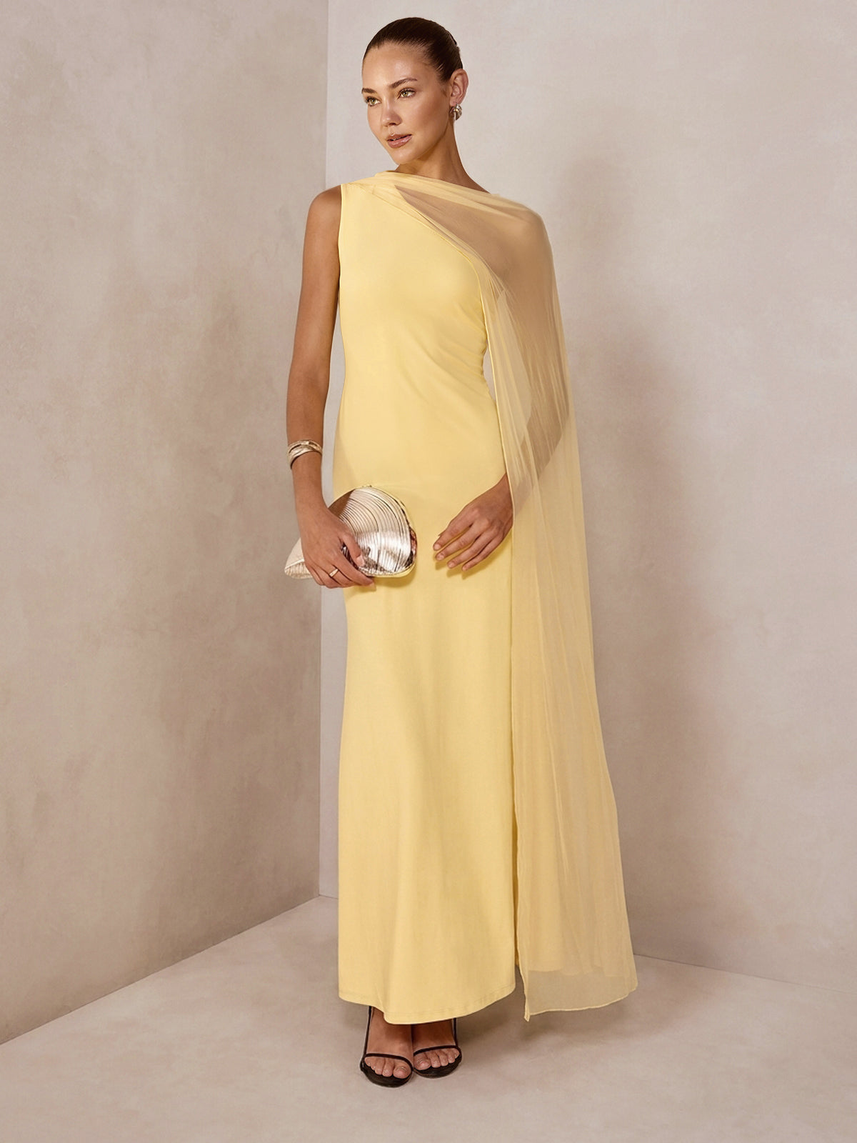 Sheer Drape Slim Maxi Evening Dress Elegant Long Formal Gown